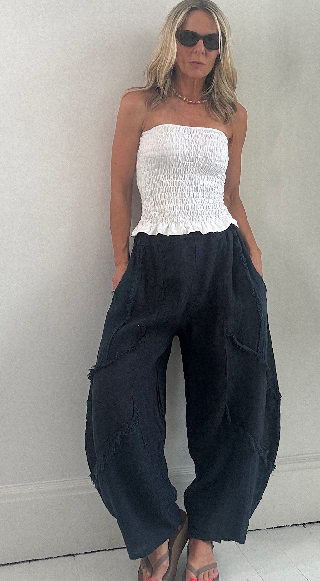 Frayed detail linen pants navy