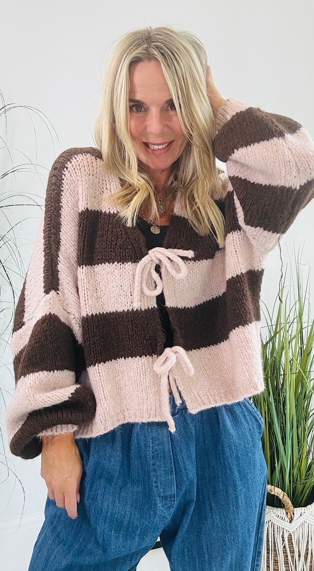 Tie Front Striped Cardigan - brown mix