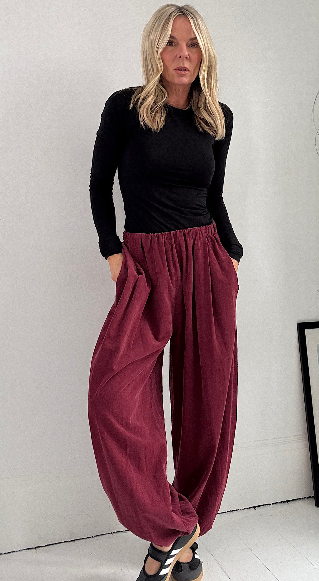 Cord Barrel Leg Trousers - Plum