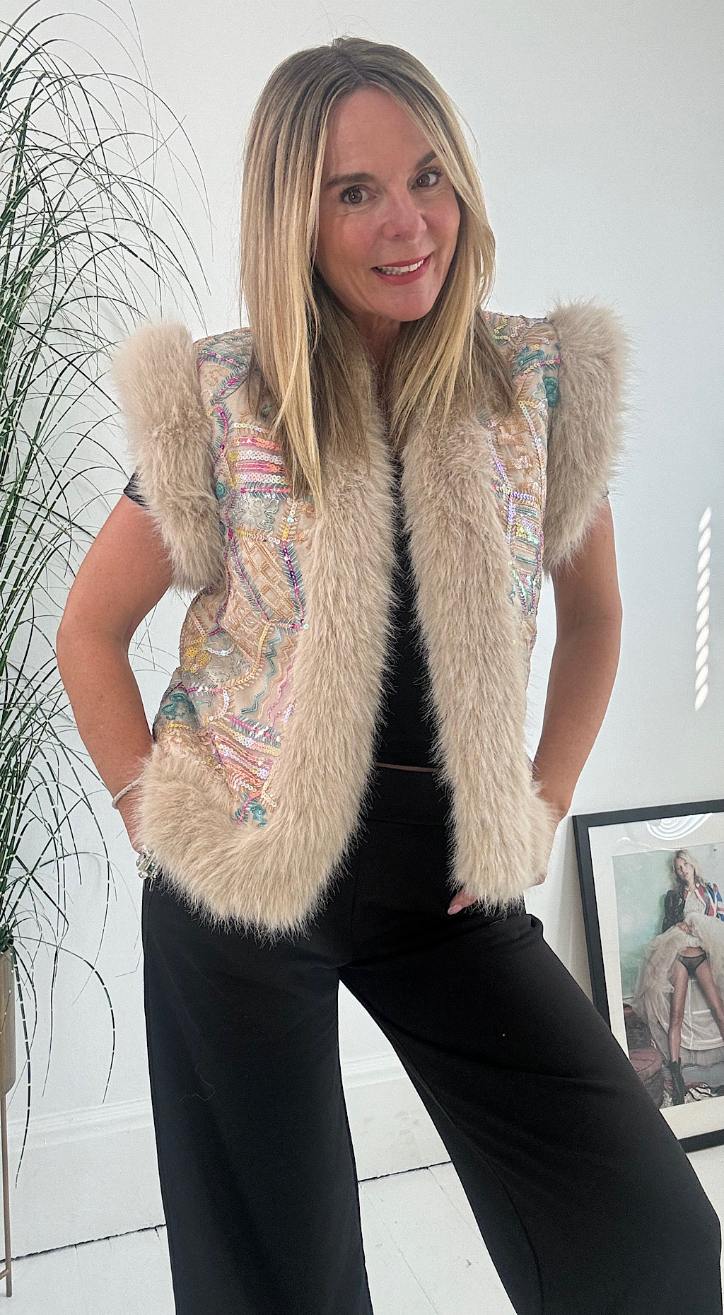 Sequin Embroidered Gilet - stone