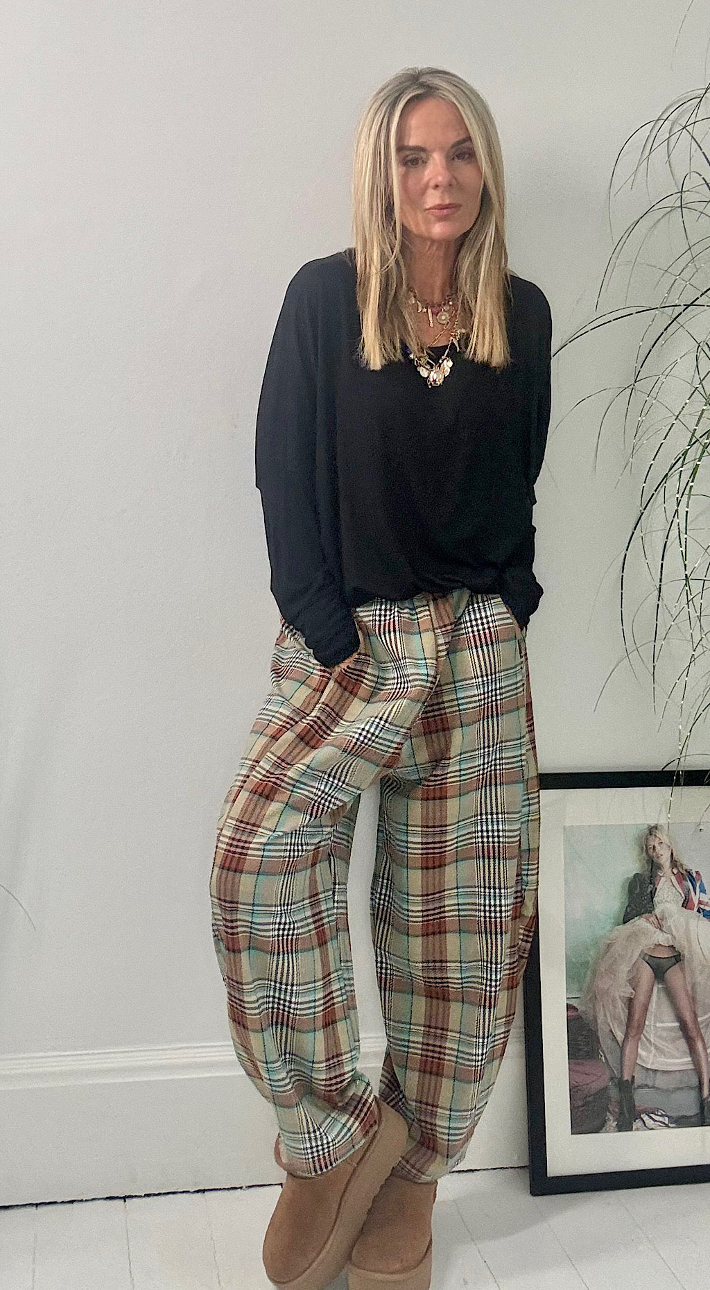 Checked Cocoon Pant - stone mix