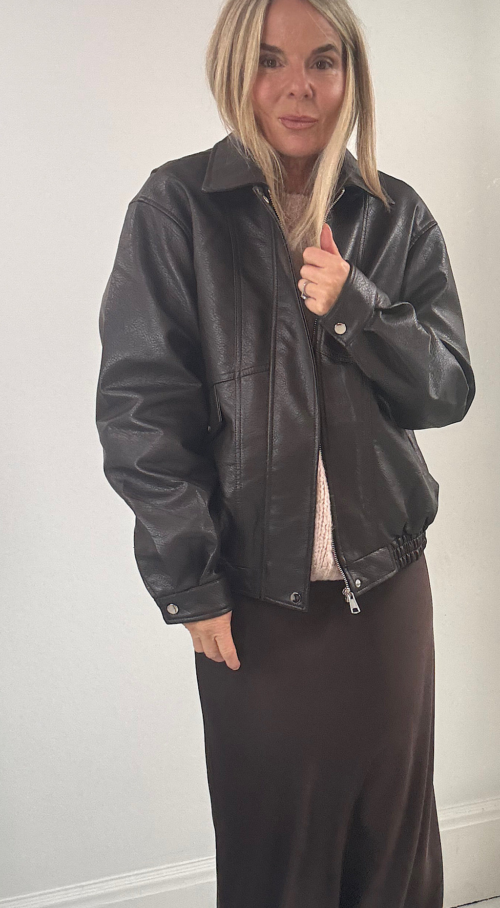 Oversized dark brown pleather jacket