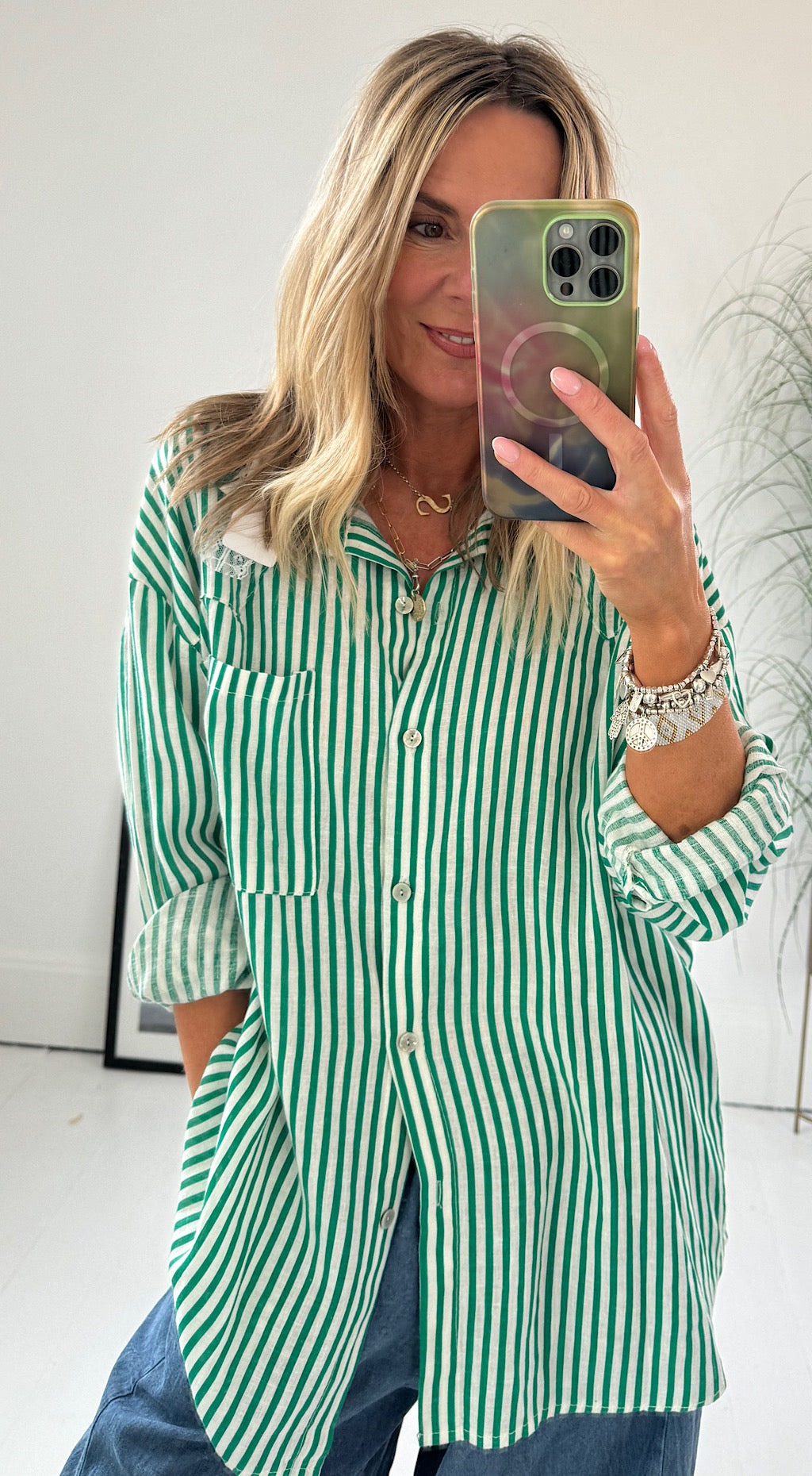 Linen Striped Shirt - green/white