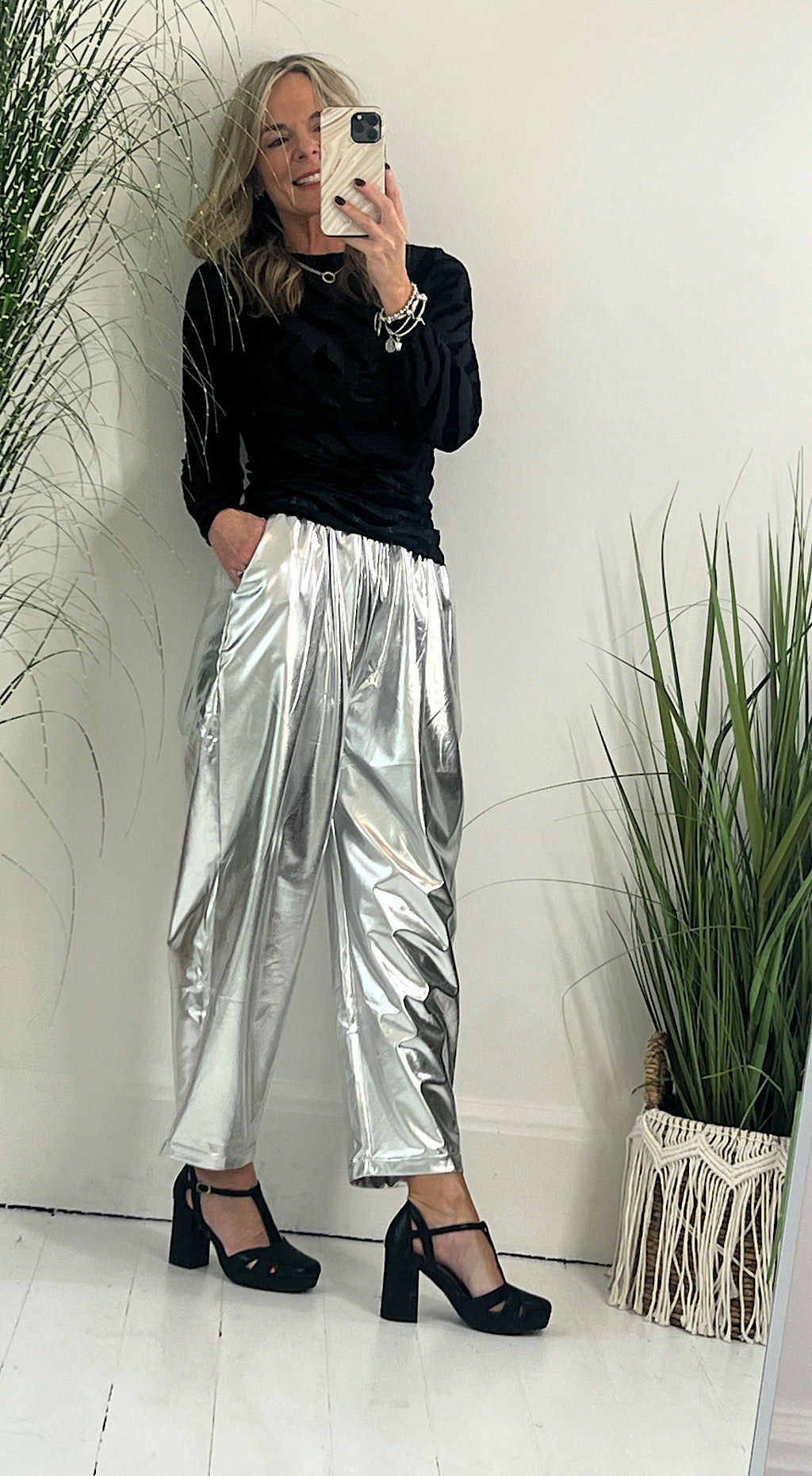 silver metalic pants