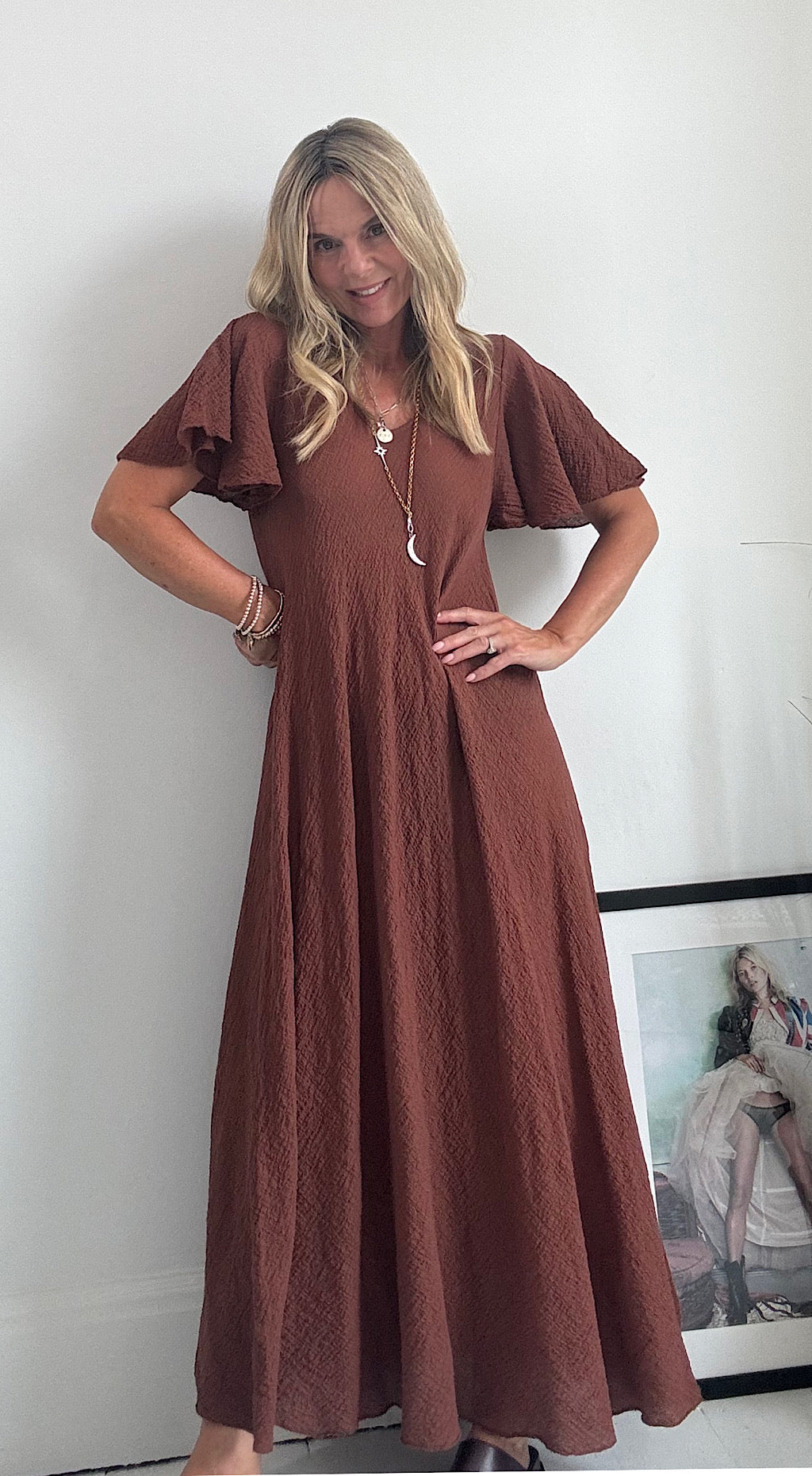 V neck slip dress brown