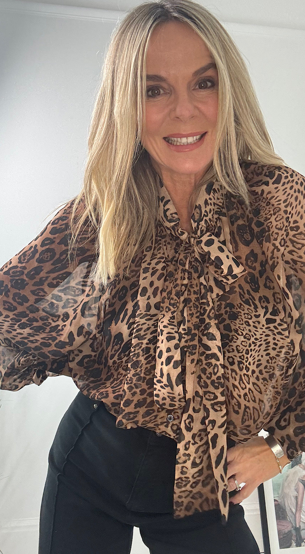 Leopard bow tie blouse