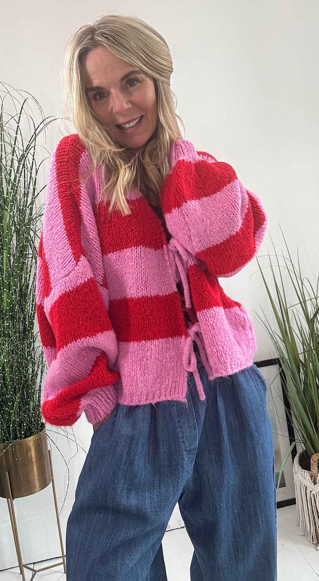 Tie Front Striped Cardigan - pink mix