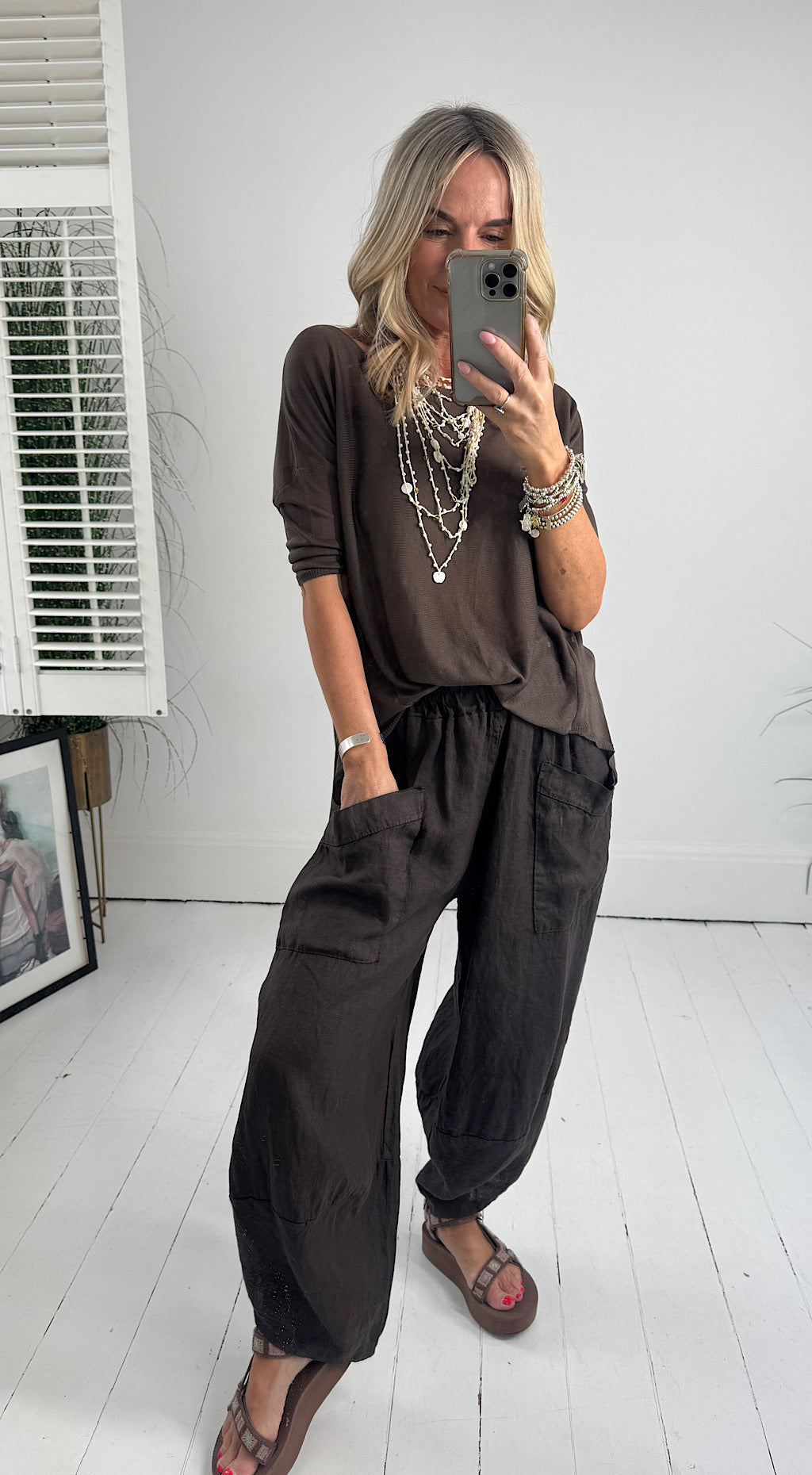 Linen pocket cocoon pant brown