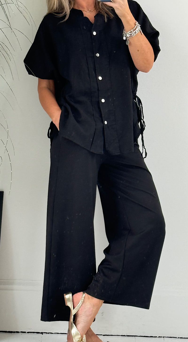Short Sleeve Linen Shirt - black