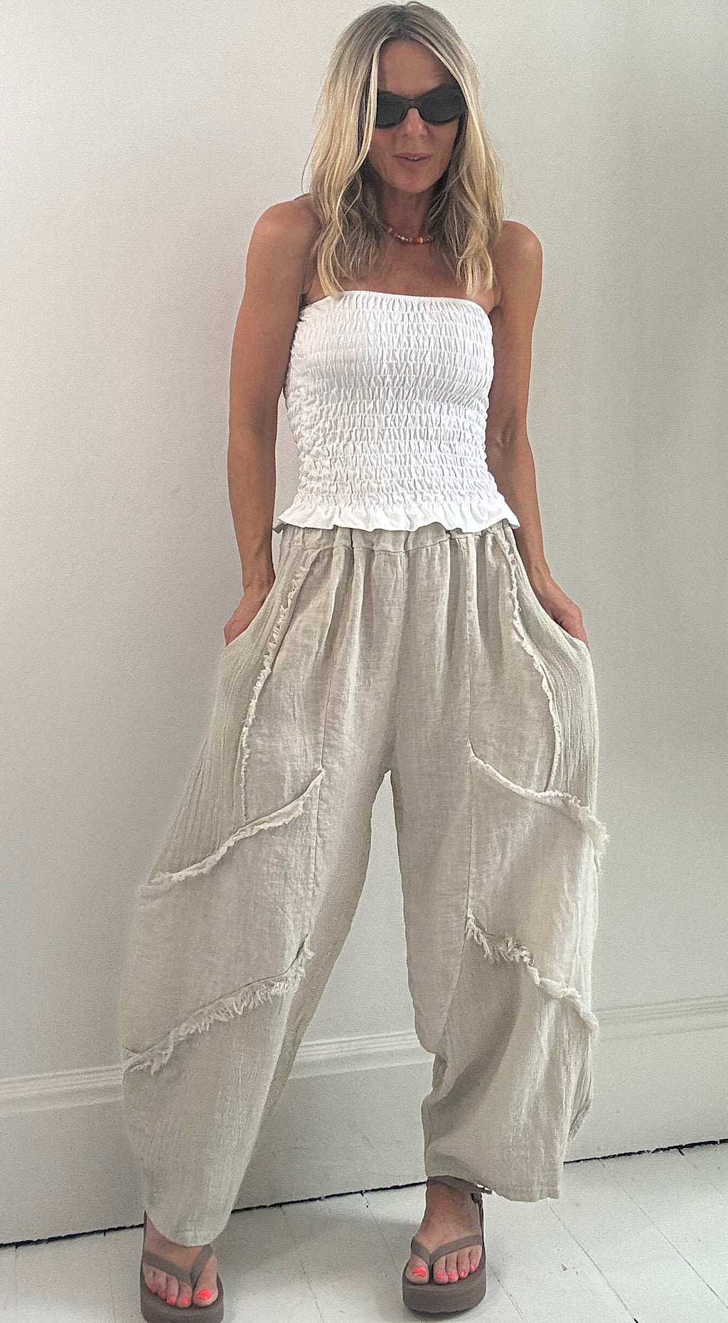 Frayed detail linen pants stone