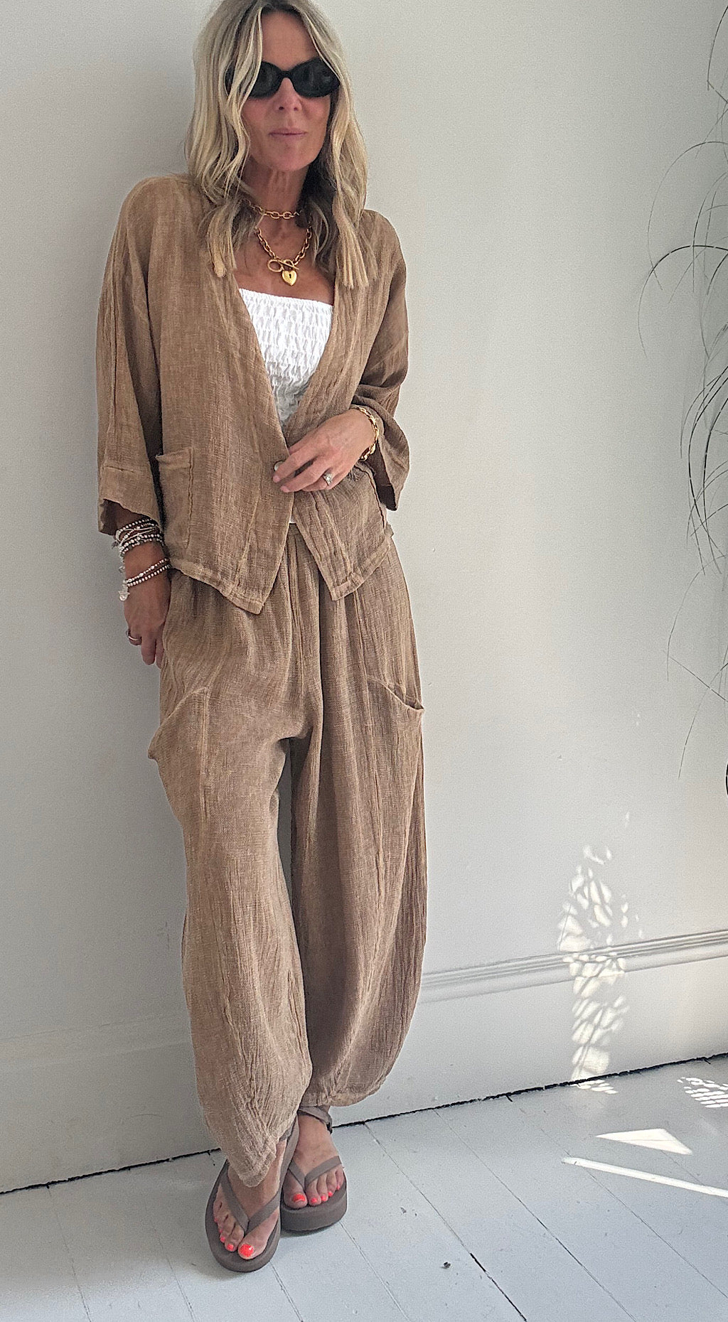 Washed linen pants camel