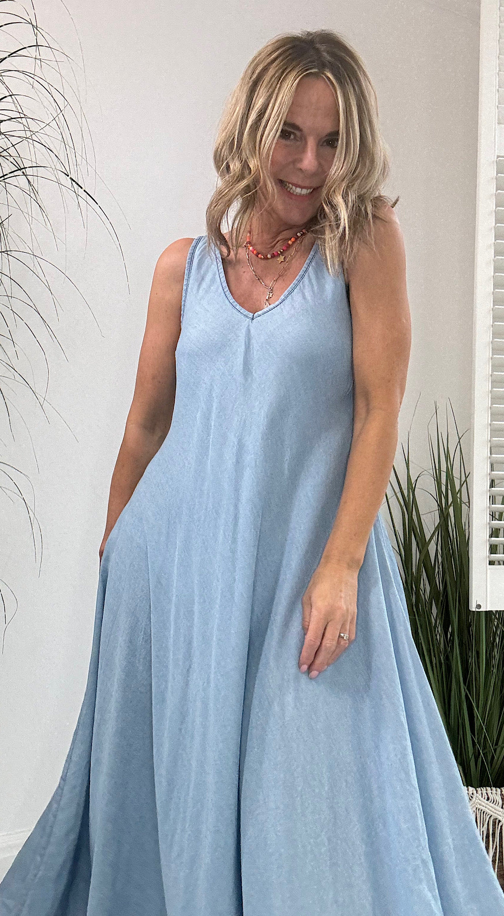 Denim Look V-Neck Maxi