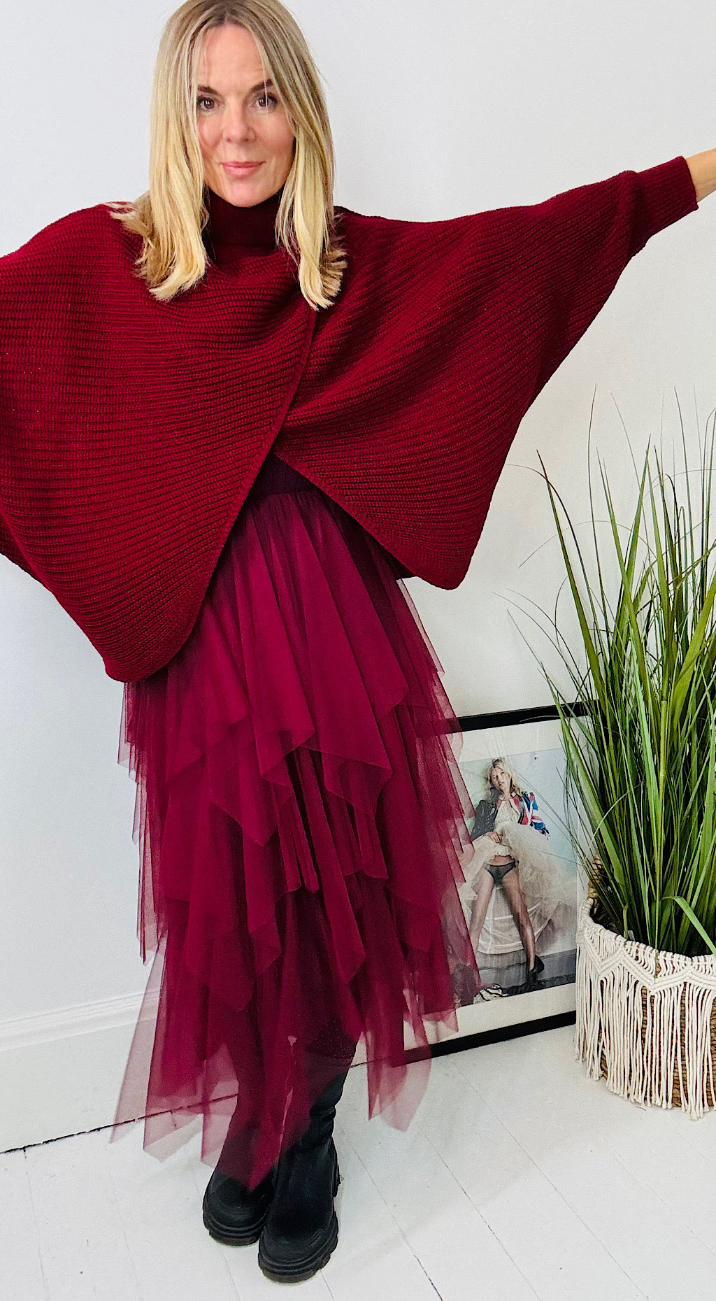 Ribbed Jumper Tulle Dress Burgundy