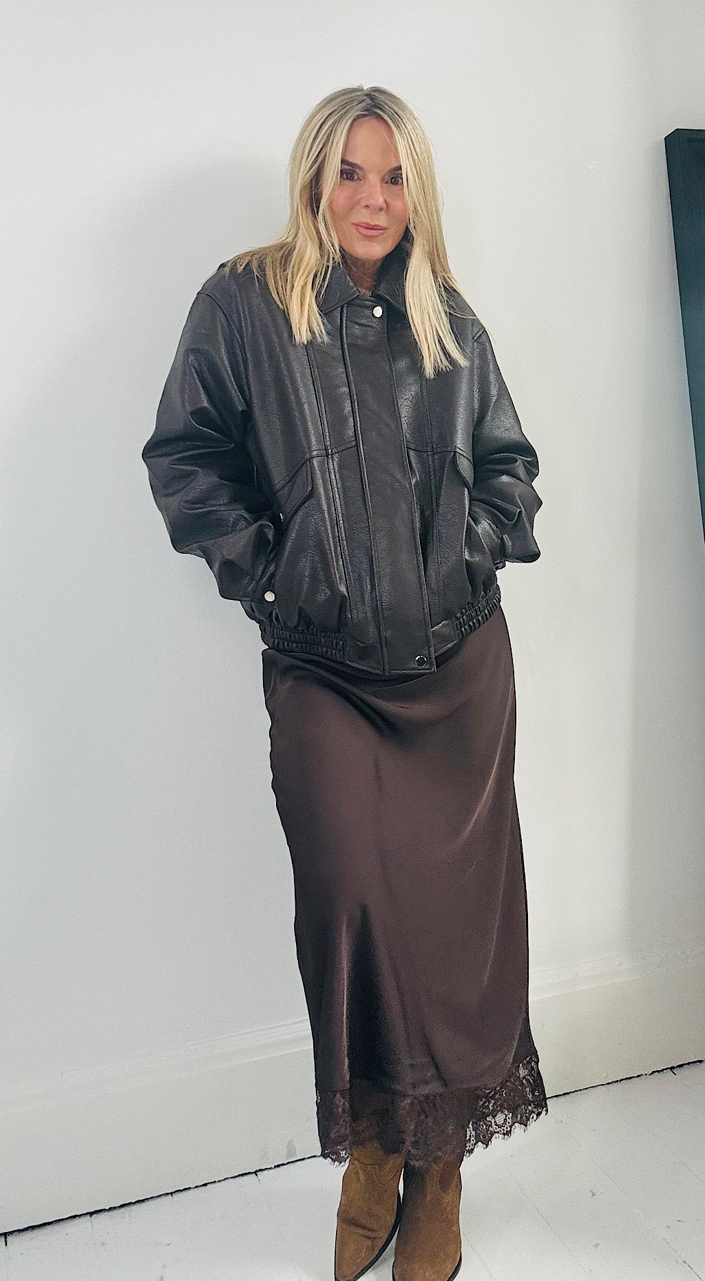 Oversized dark brown pleather jacket
