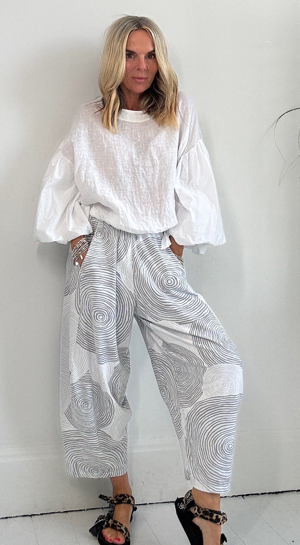 Retro swirl cocoon pant white. PRE ORDER estimated due date 24th April