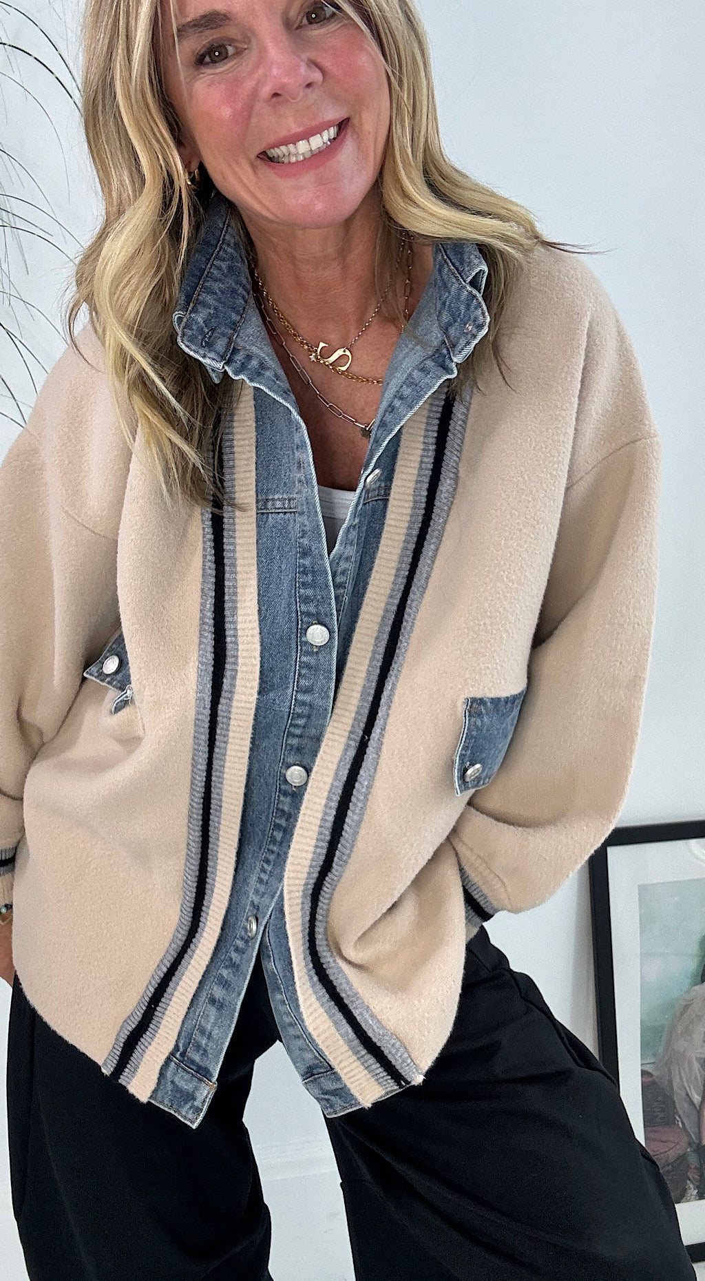 Denim Mix Cardigan Jacket - Camel