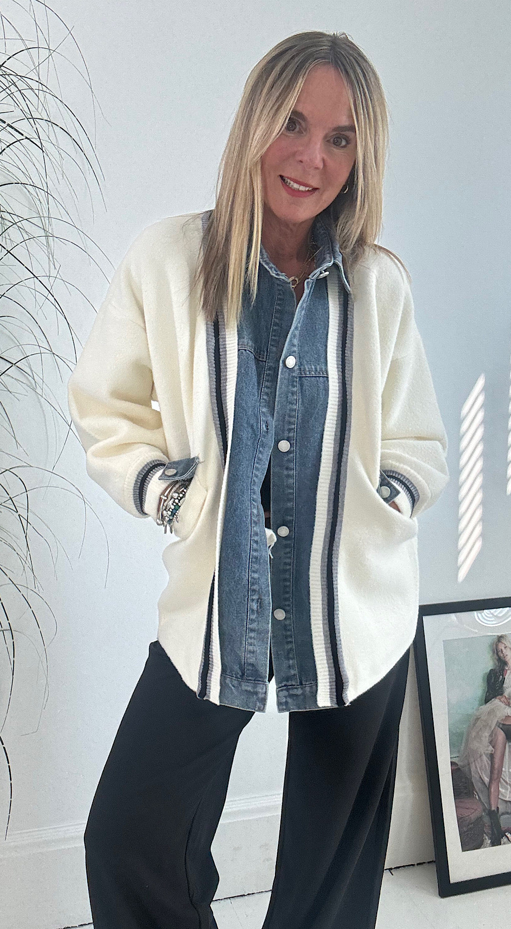 Denim Mix Cardigan Jacket - cream