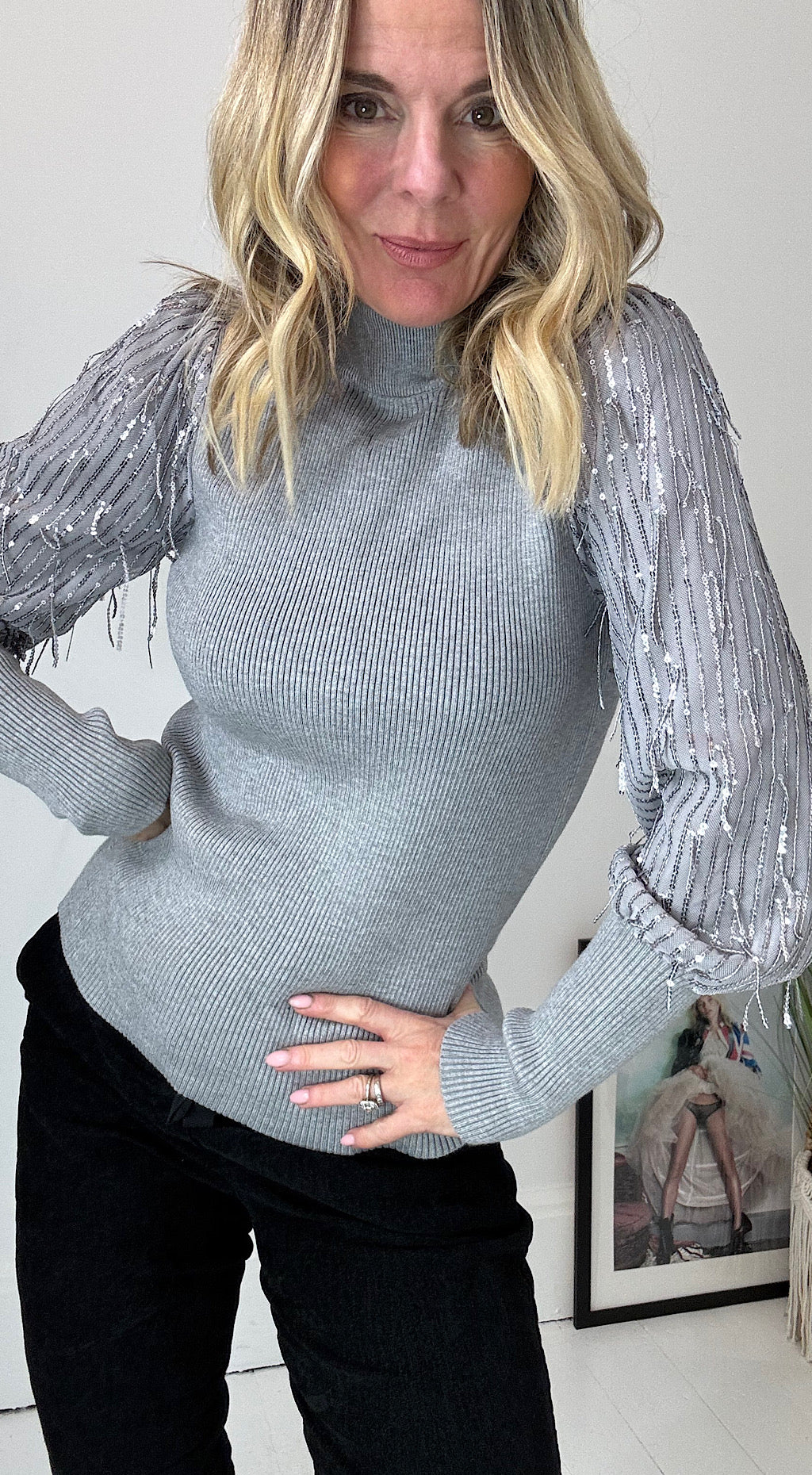 Sparkle sleeve knit grey