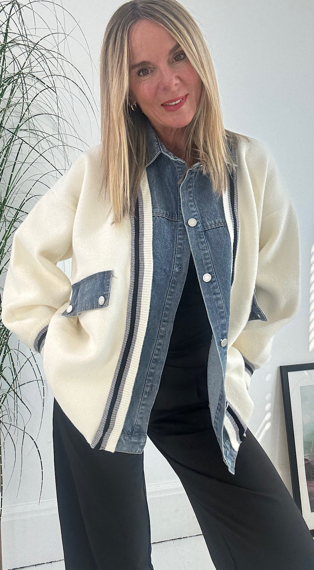 Denim Mix Cardigan Jacket - cream