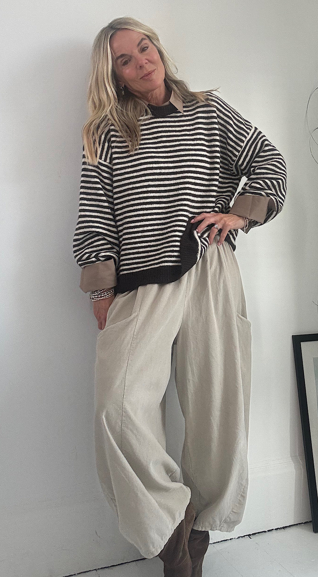 Cord Barrel Leg Trousers - Stone