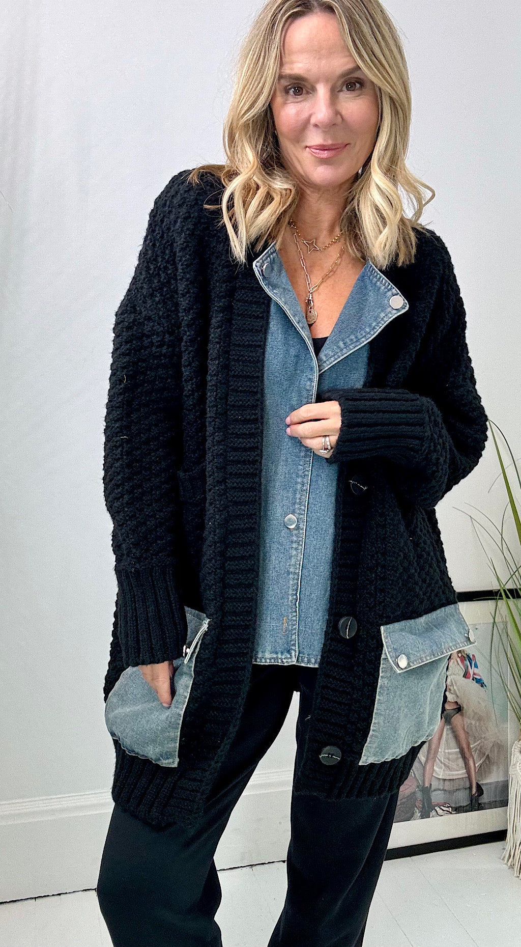 Denim Mix Cardigan Black