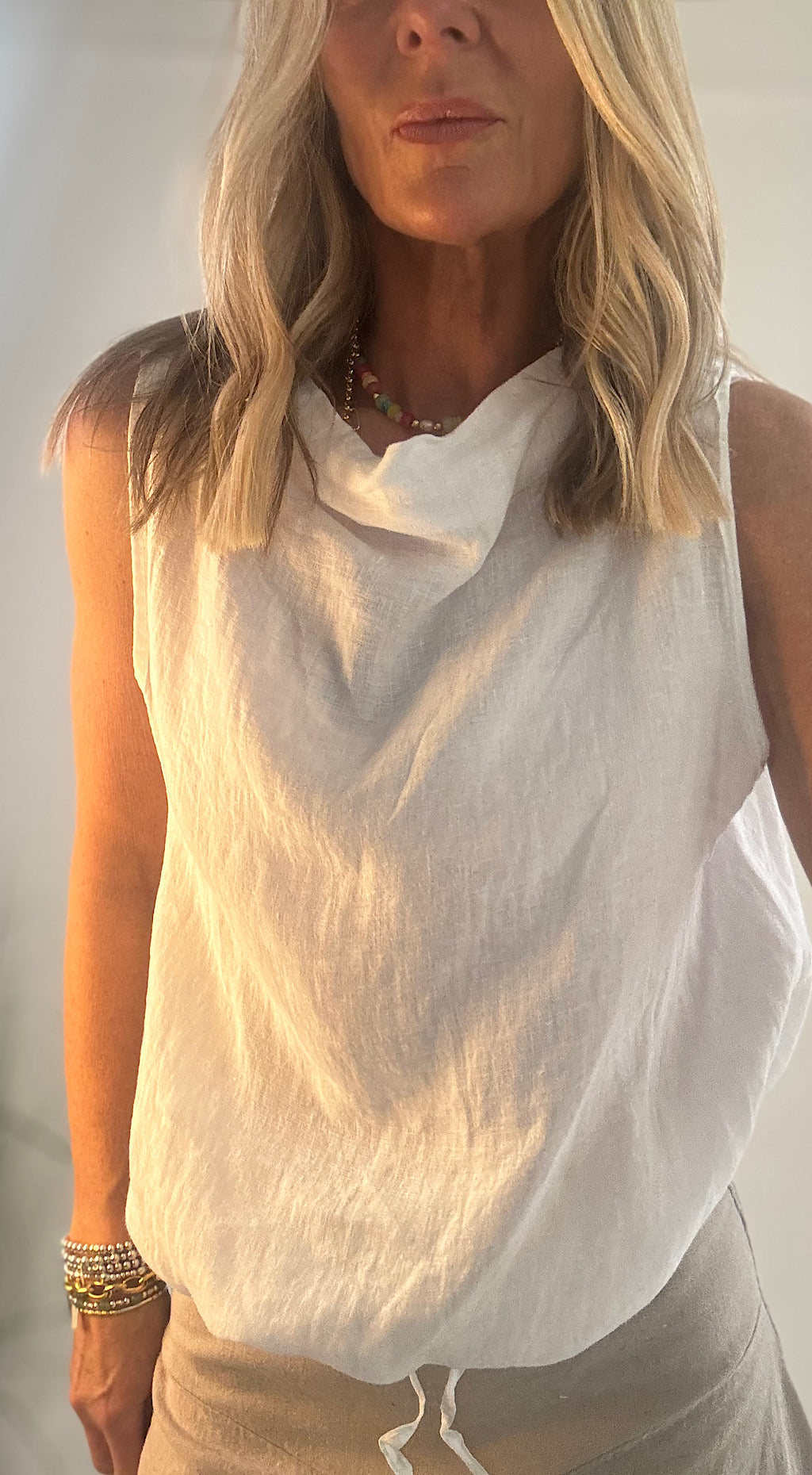 Linen draw cord top white