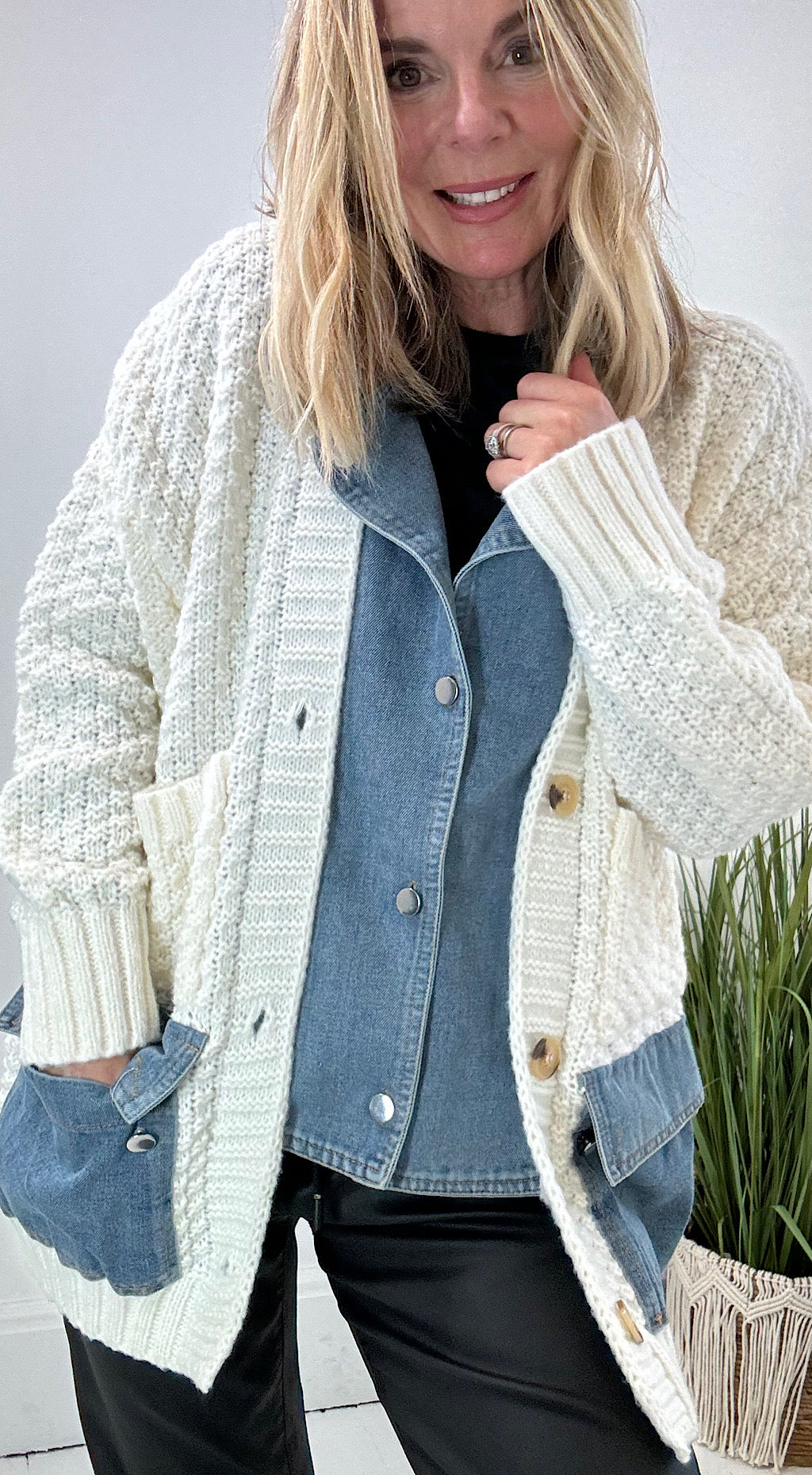 Denim Mix Cardigan Cream