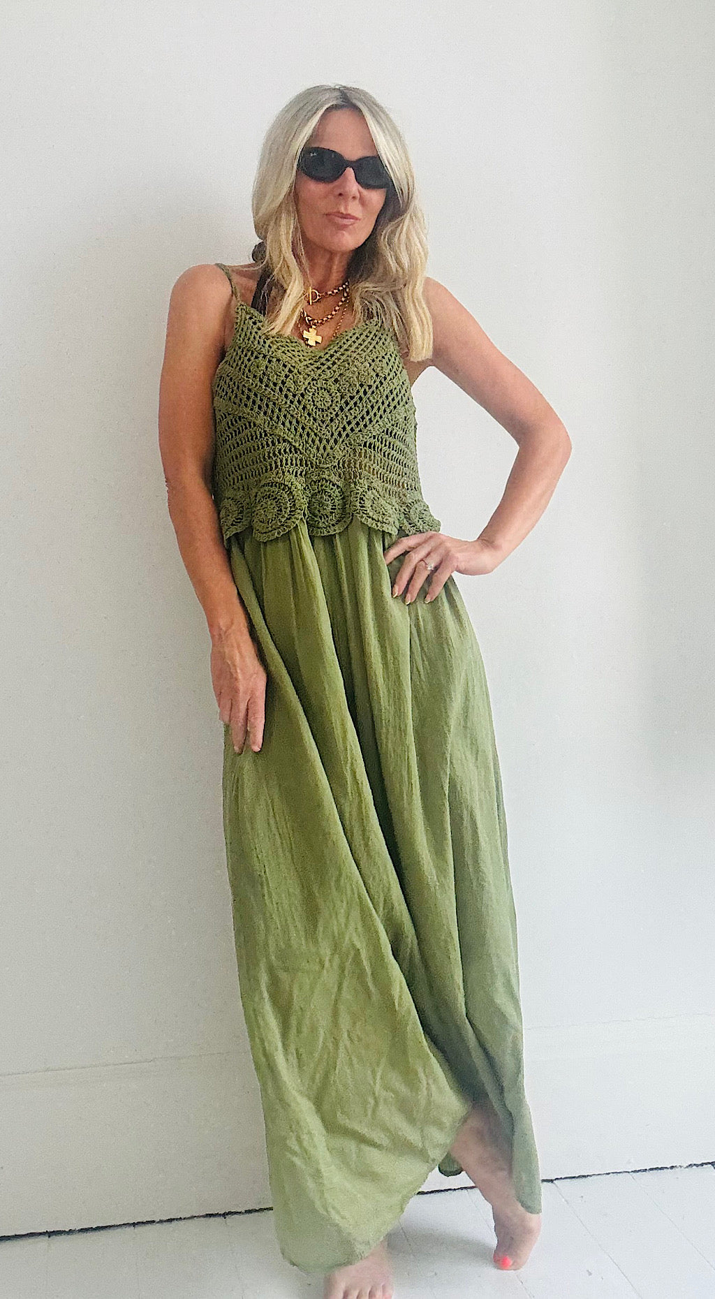 Crochet bodice dress khaki