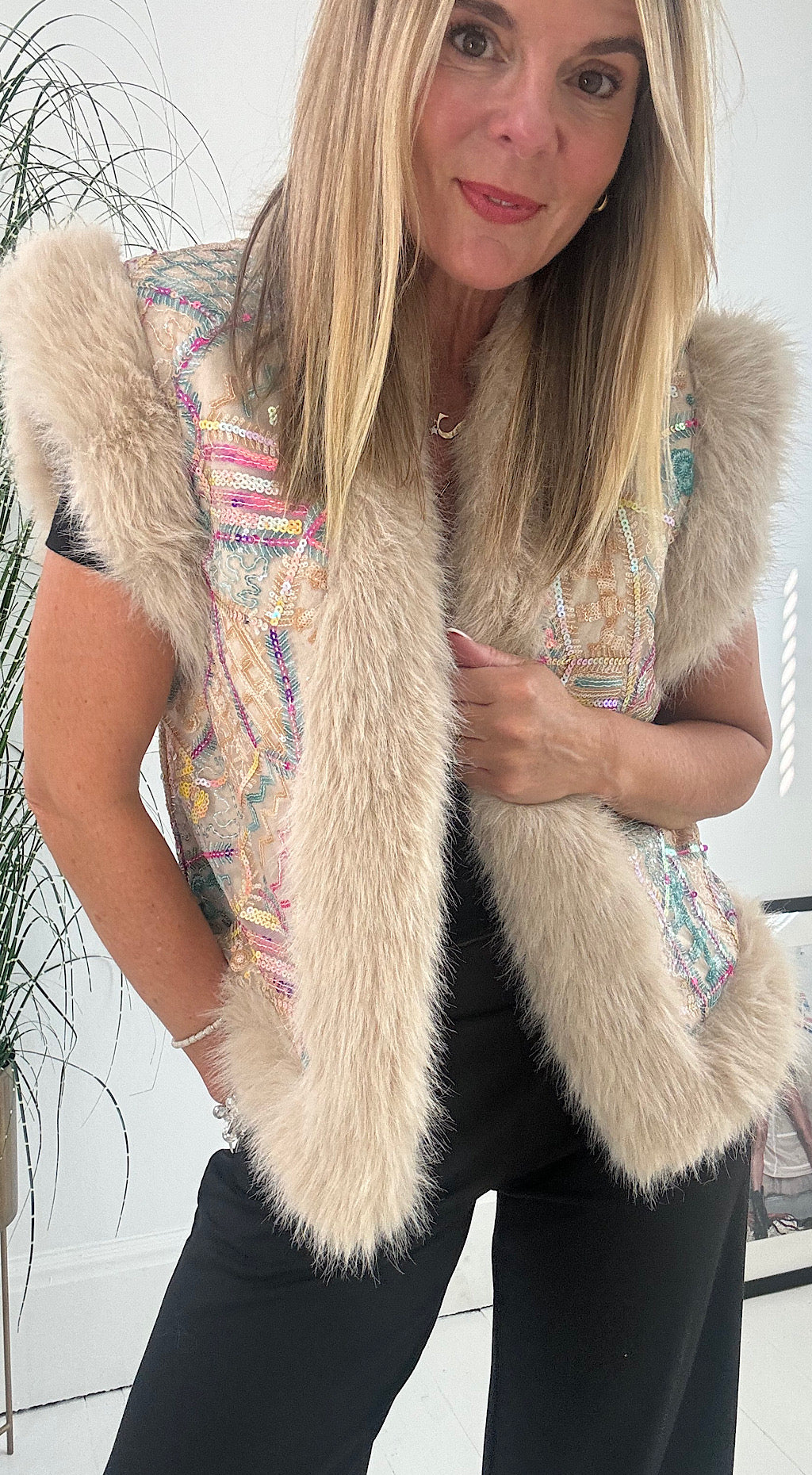 Sequin Embroidered Gilet - stone