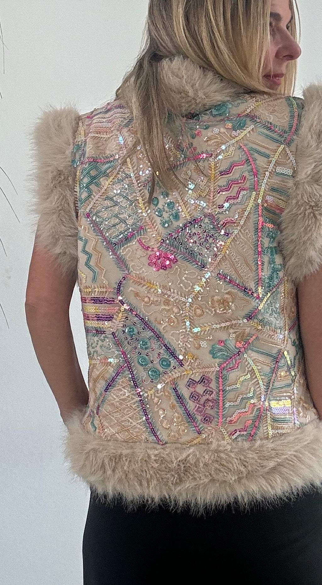 Sequin Embroidered Gilet - stone