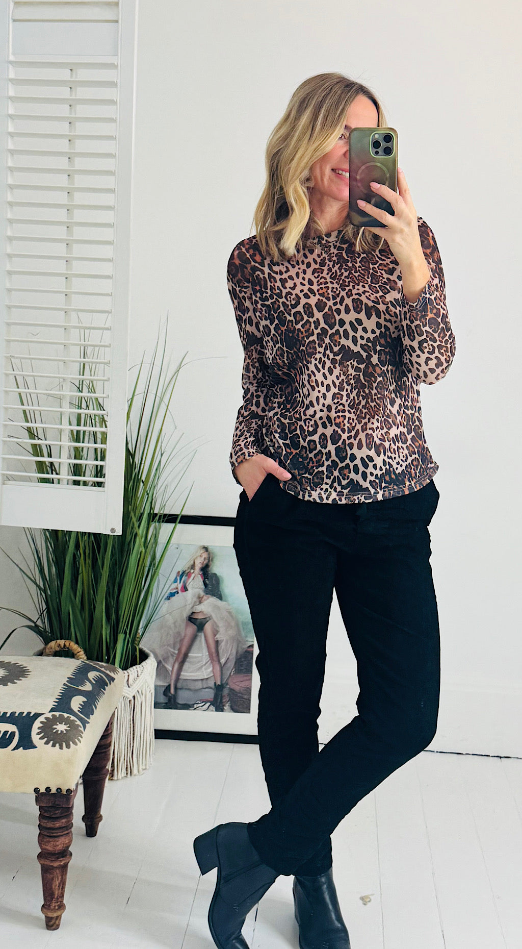 Leopard mesh layering top