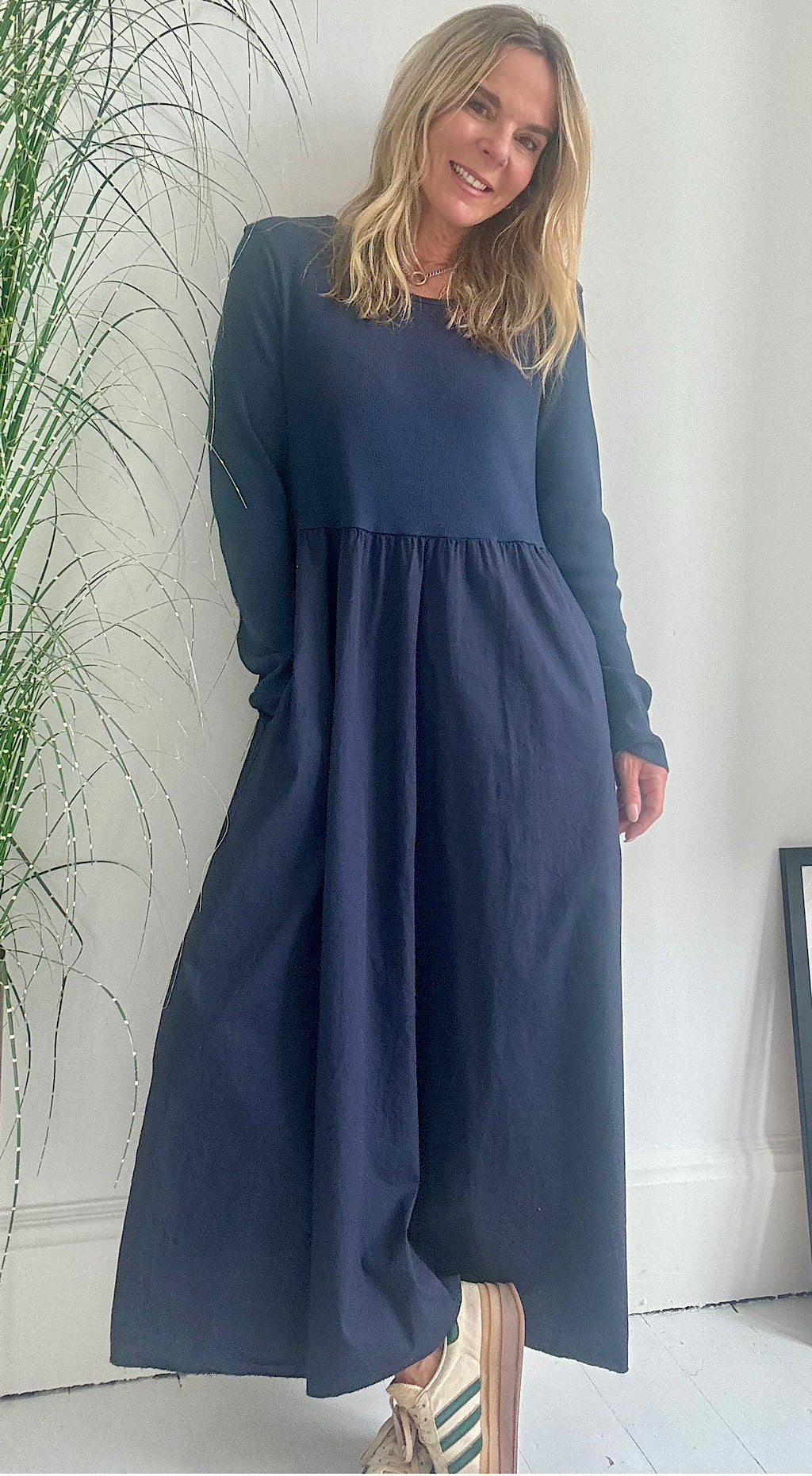 Ribbed Body Cotton Dress - navy