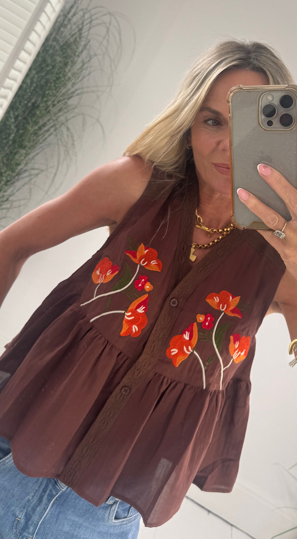 Peplum Embroidered Top - brown