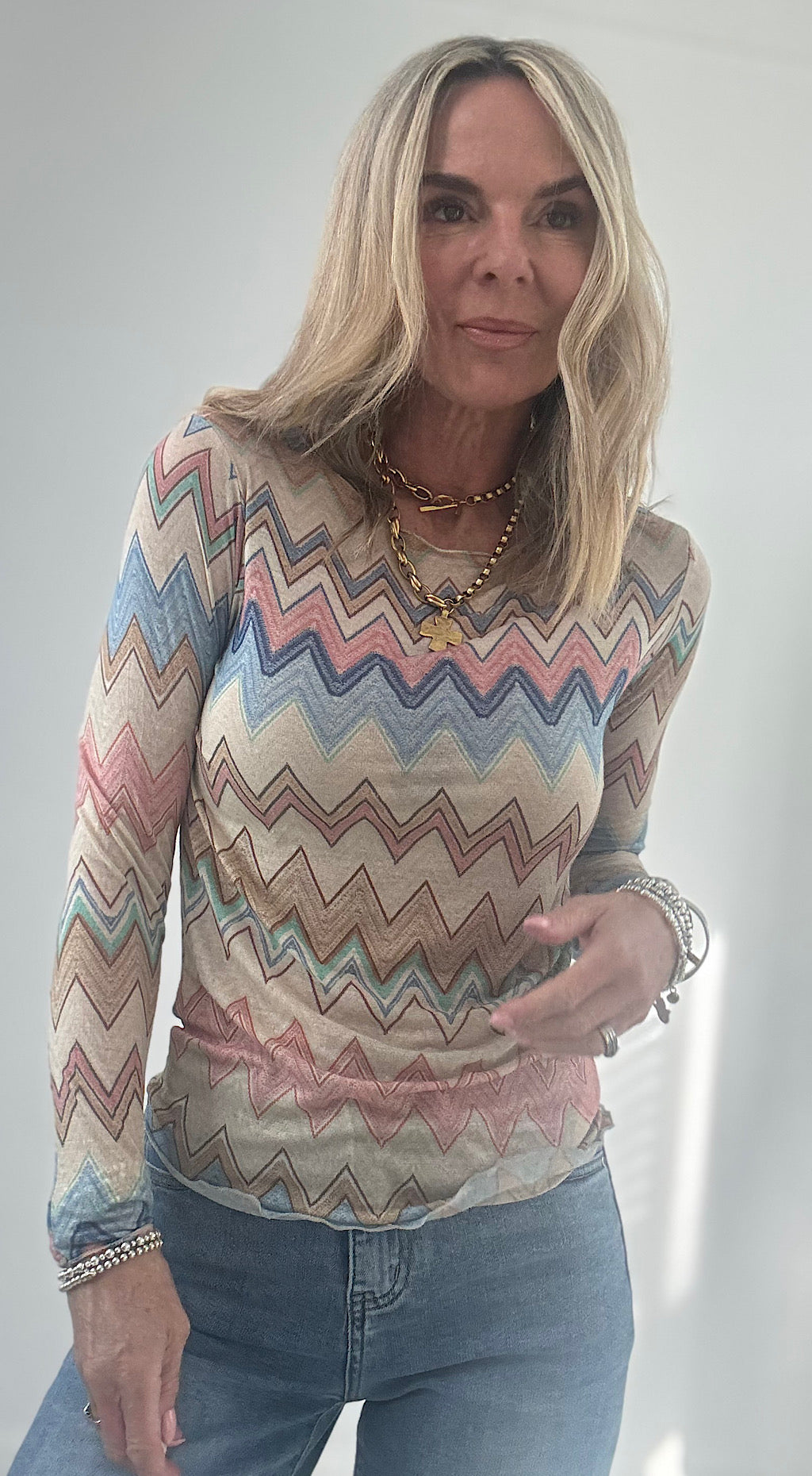Zig Zag Cashmere Mix Top - blue