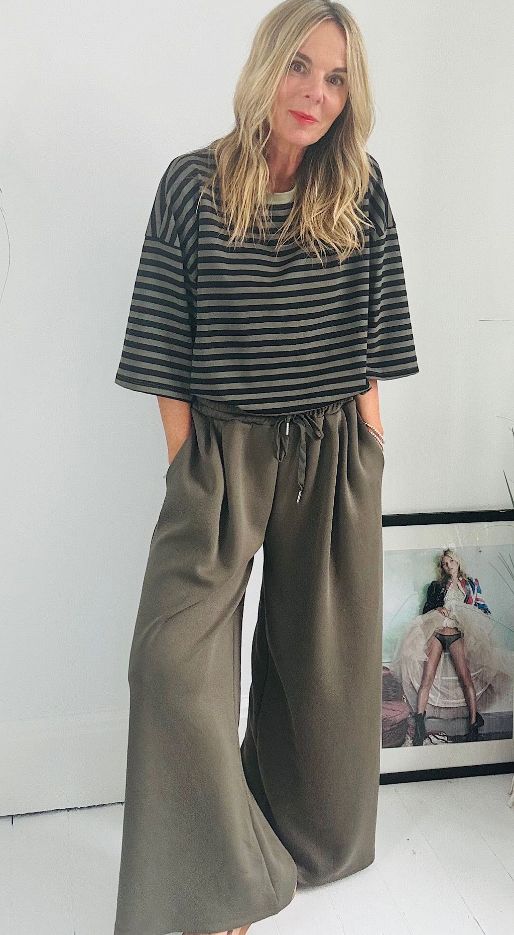 Wide Leg Sweat Pants - Khaki