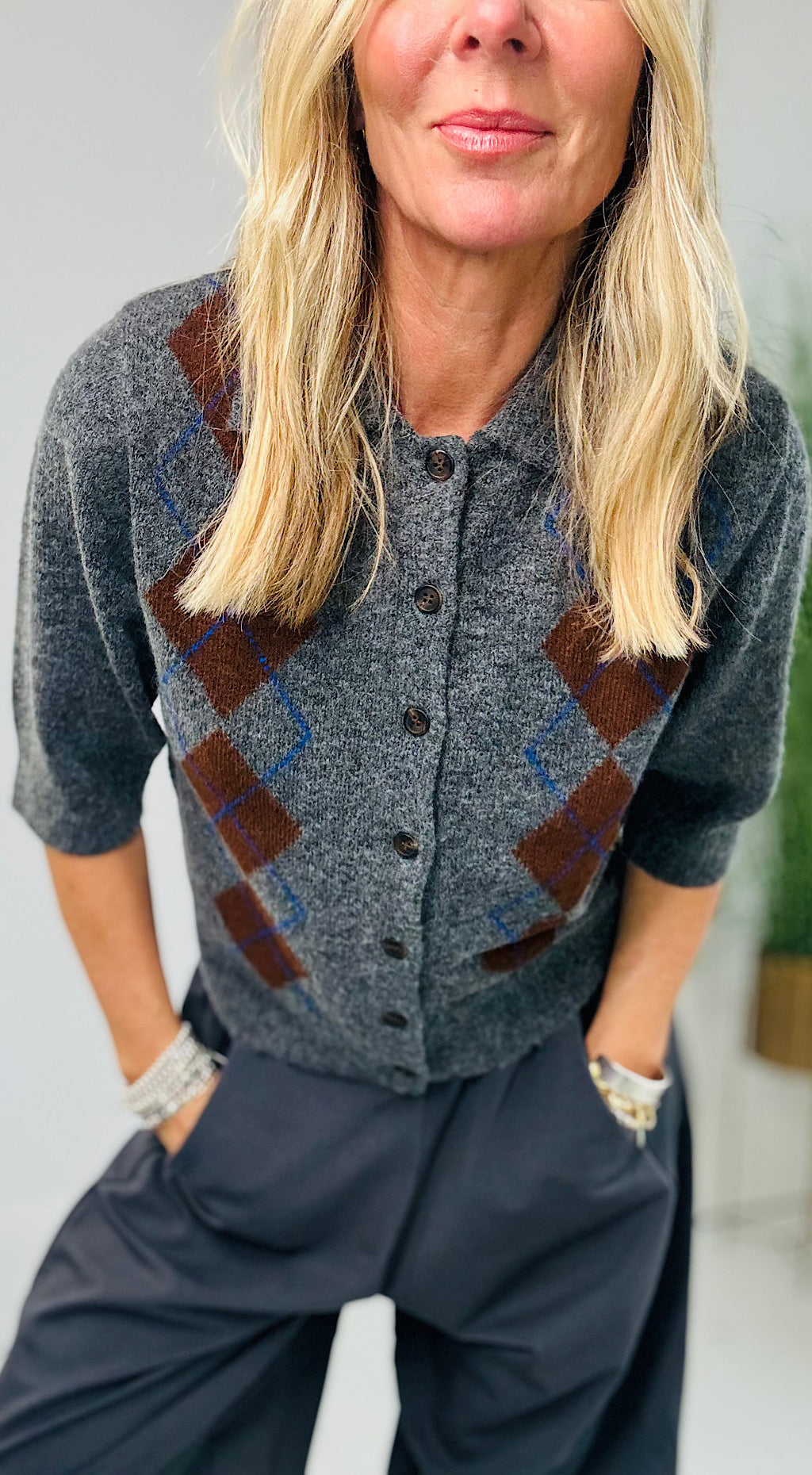 Fira Argyle Cardi - charcoal