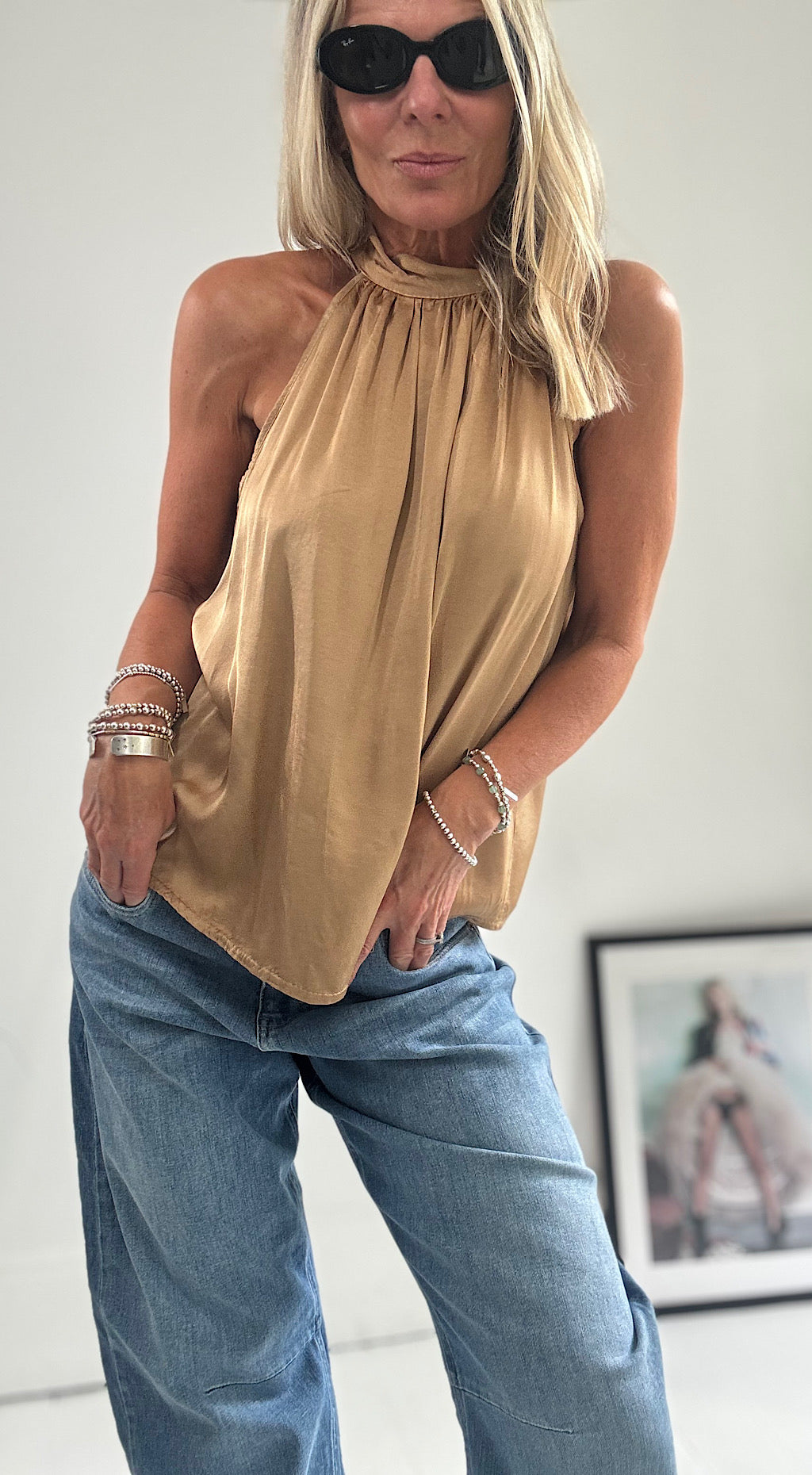 Satin halter top camel
