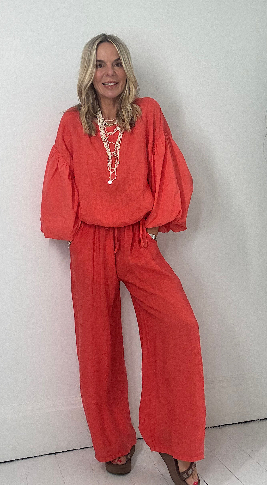 Wide Leg Linen Pant - coral