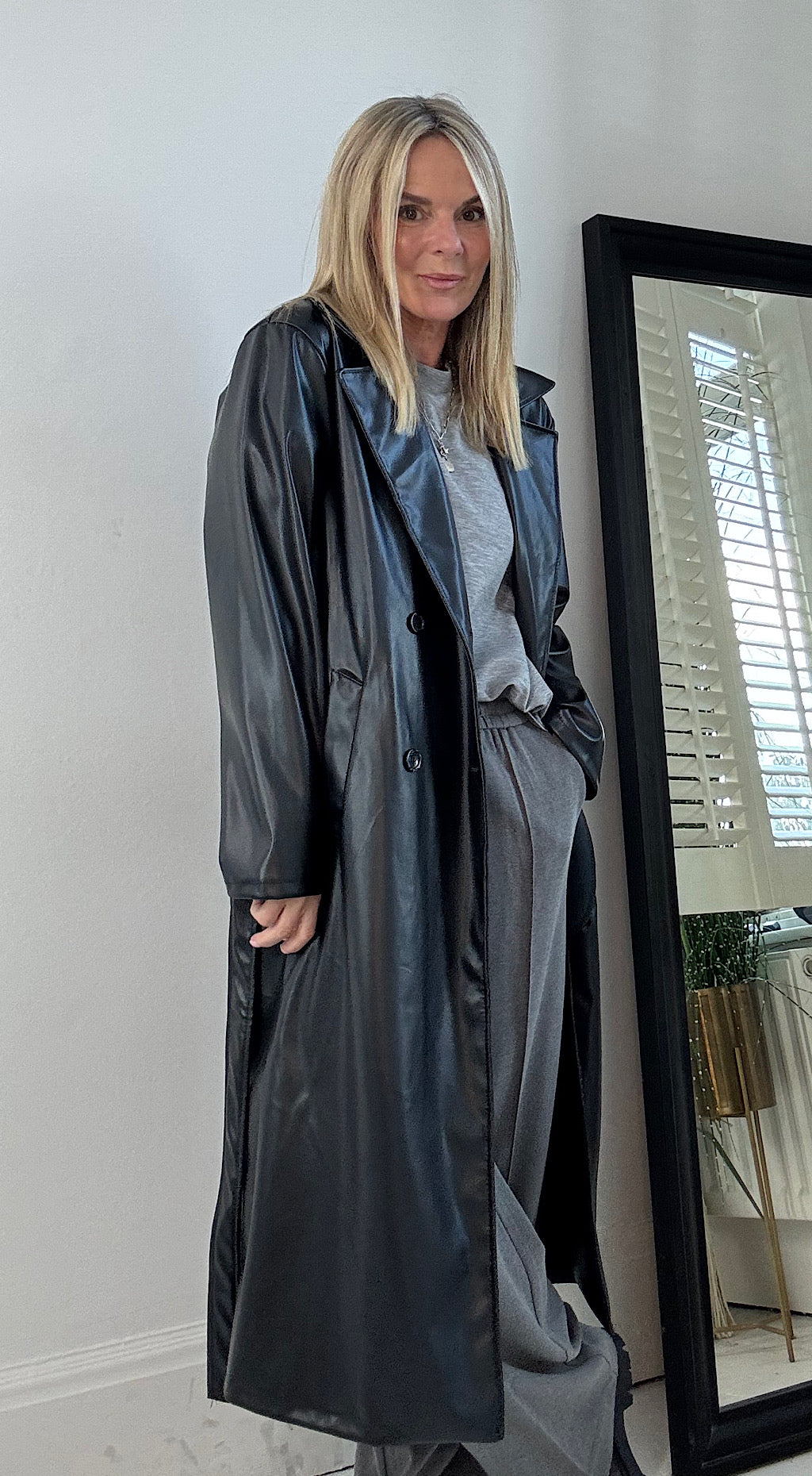 Vegan Leather Trench Coat - Black