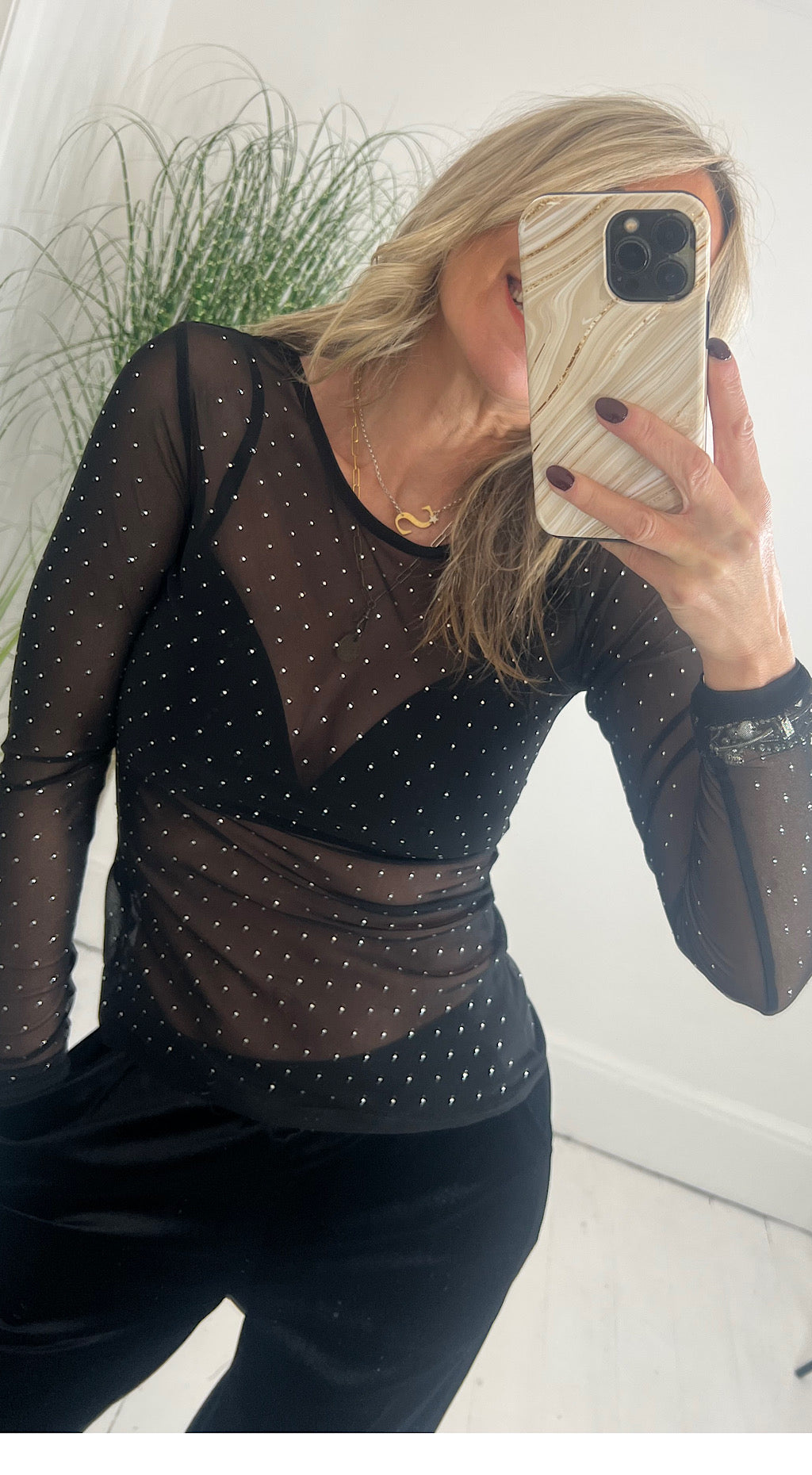 Joslyn Diamanté mesh top