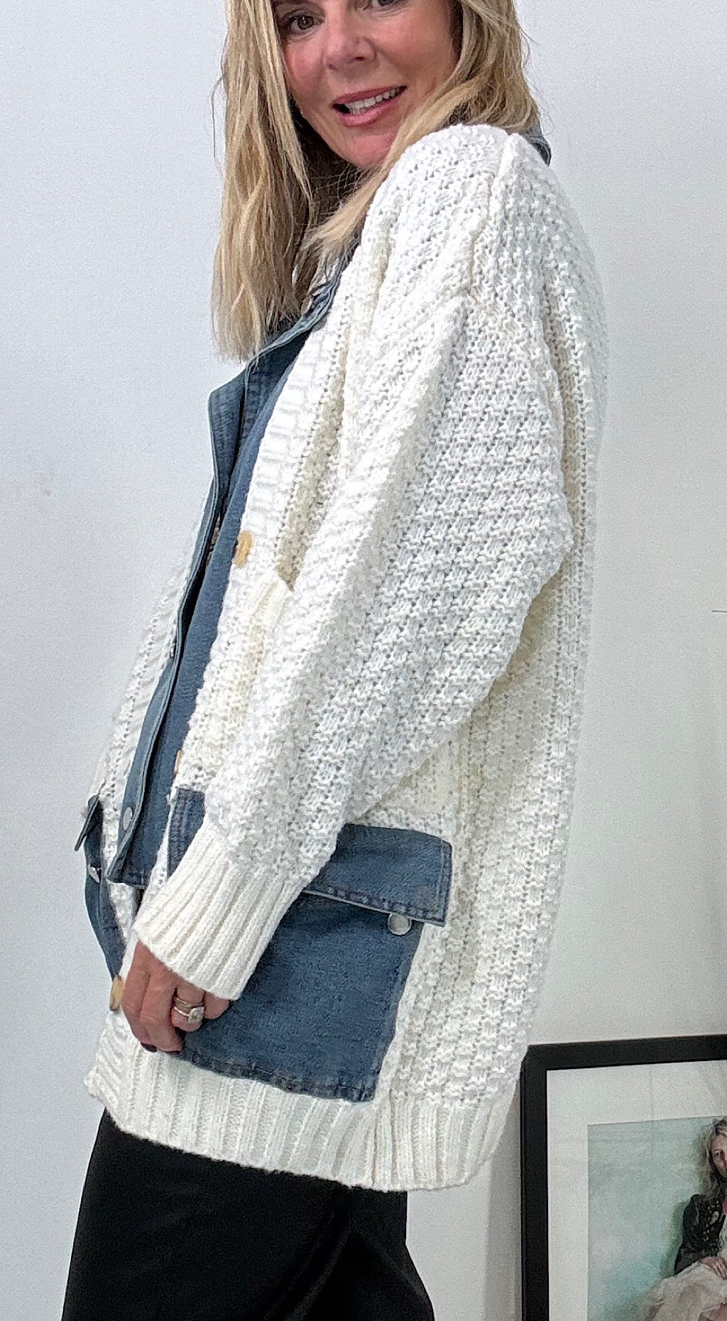 Denim Mix Cardigan Cream