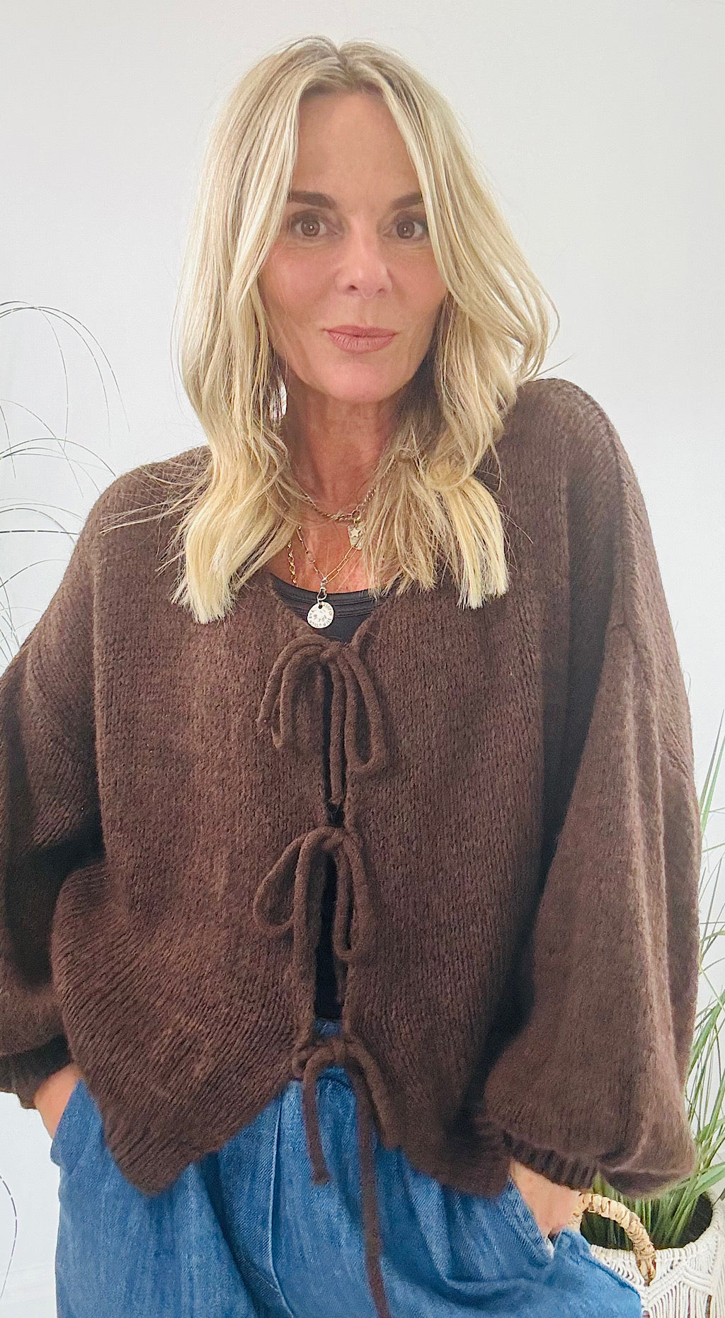 Tie Front Cardigan - chocolate