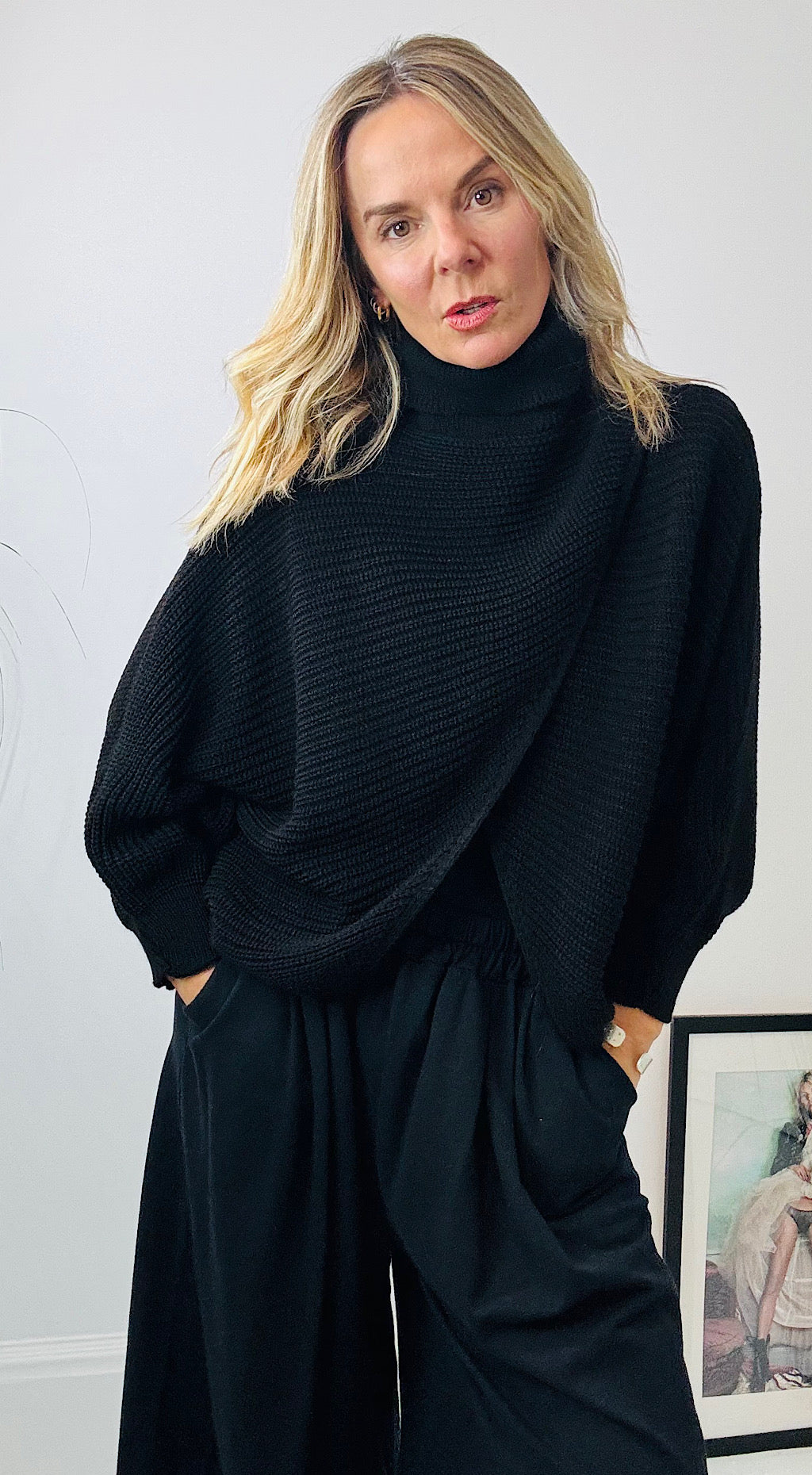 Ribbed Roll Neck Crossover Knit Black