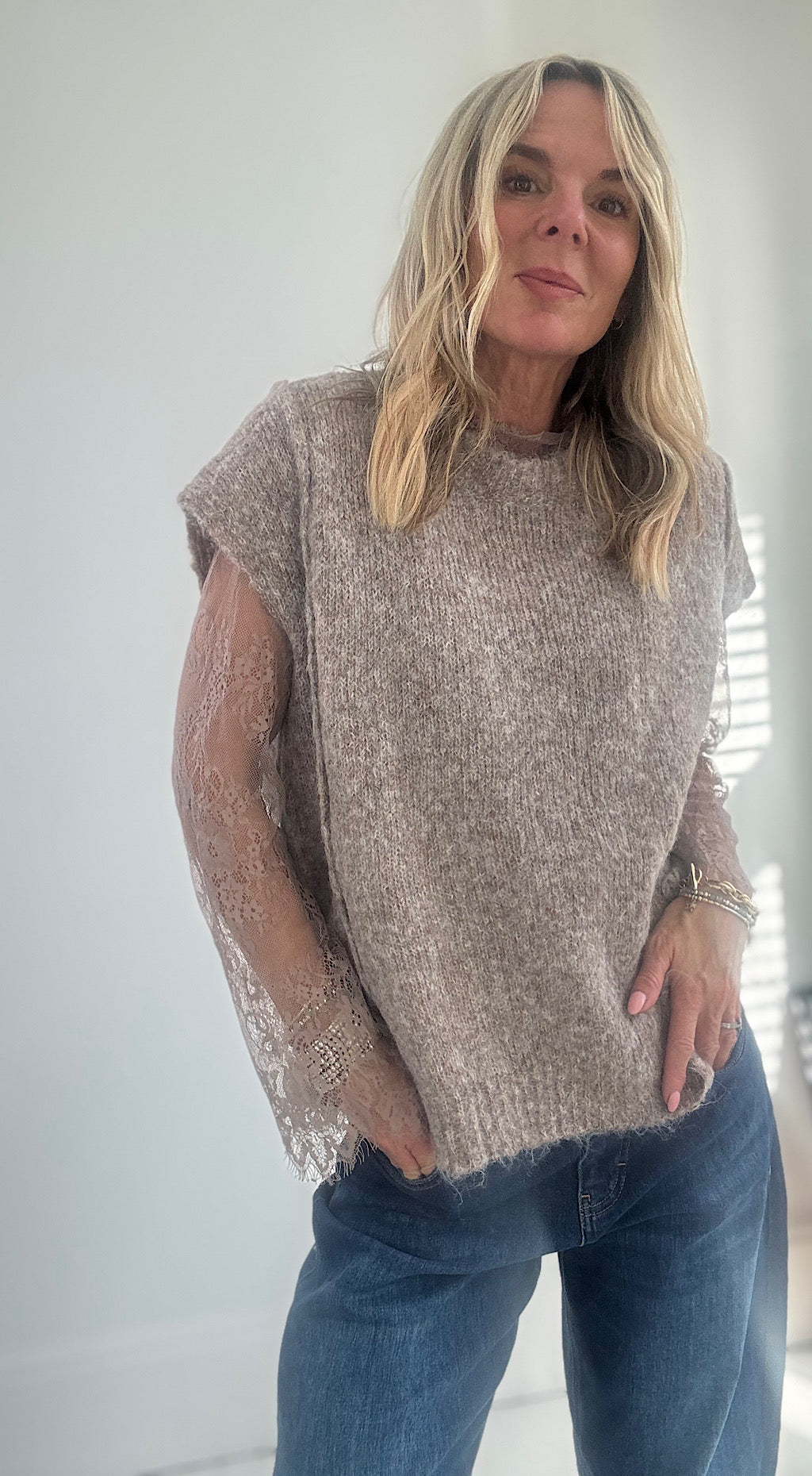 Lace Sleeve Knit - mocha