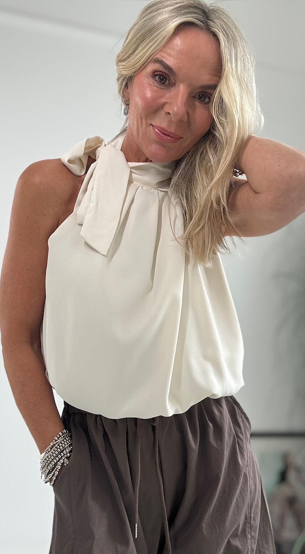 Puff Ball Halter Top - cream