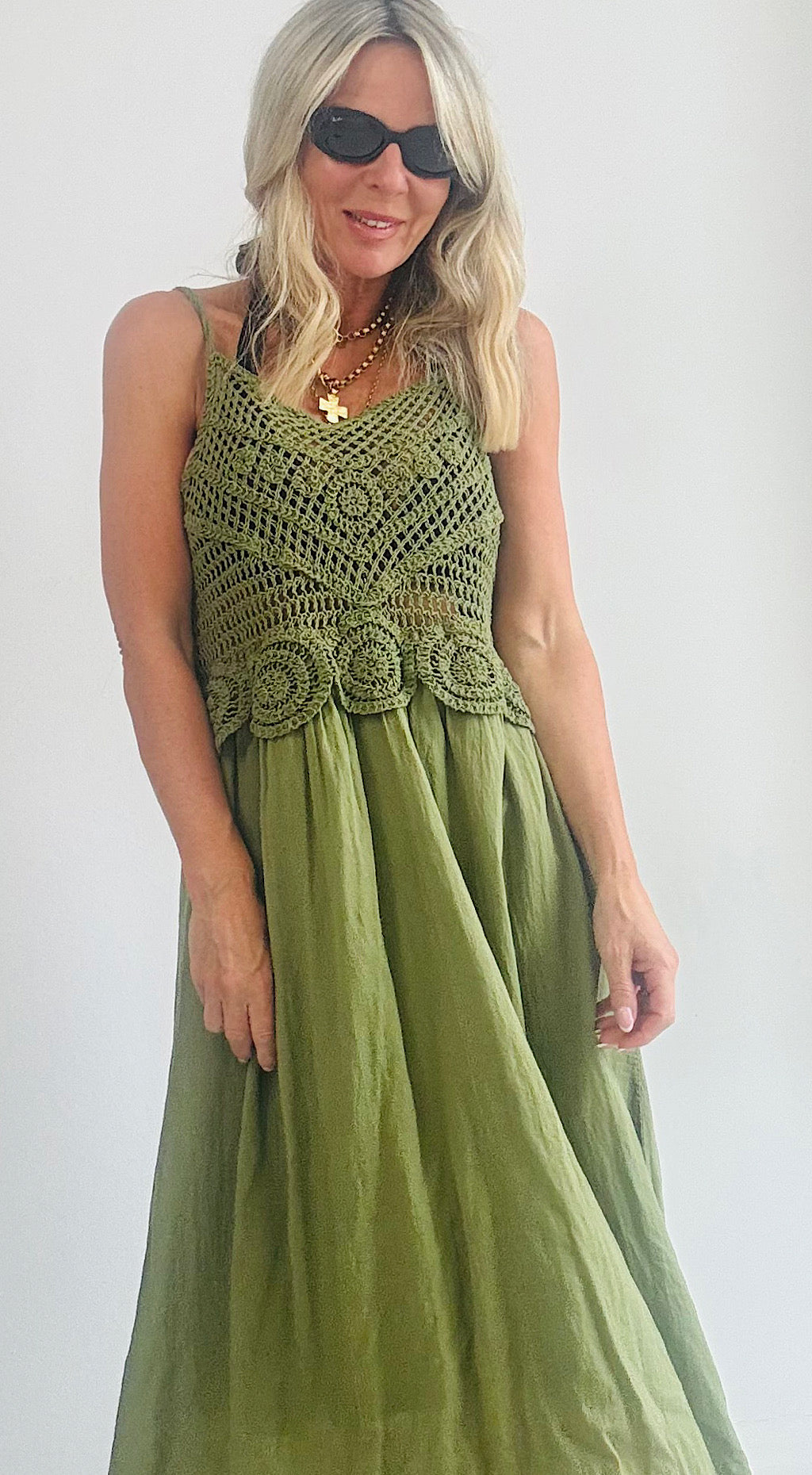 Crochet bodice dress khaki