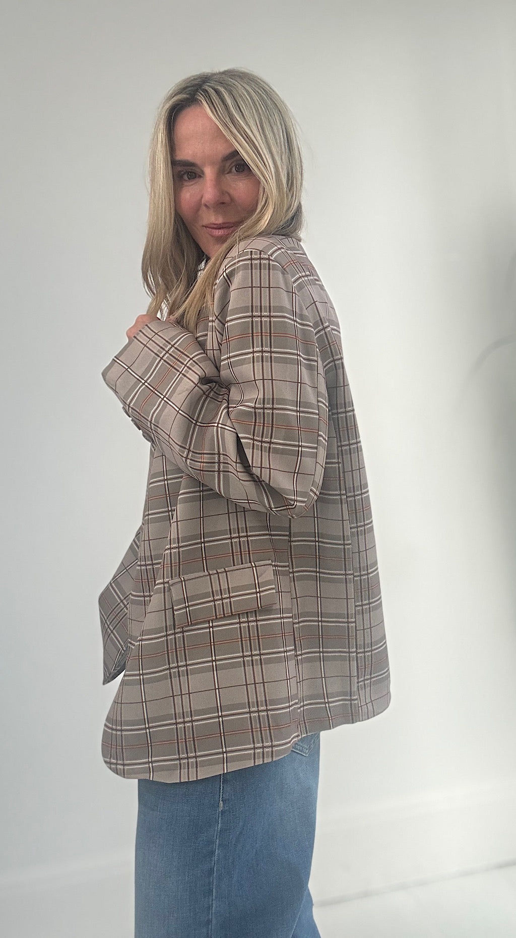 One button check blazer taupe