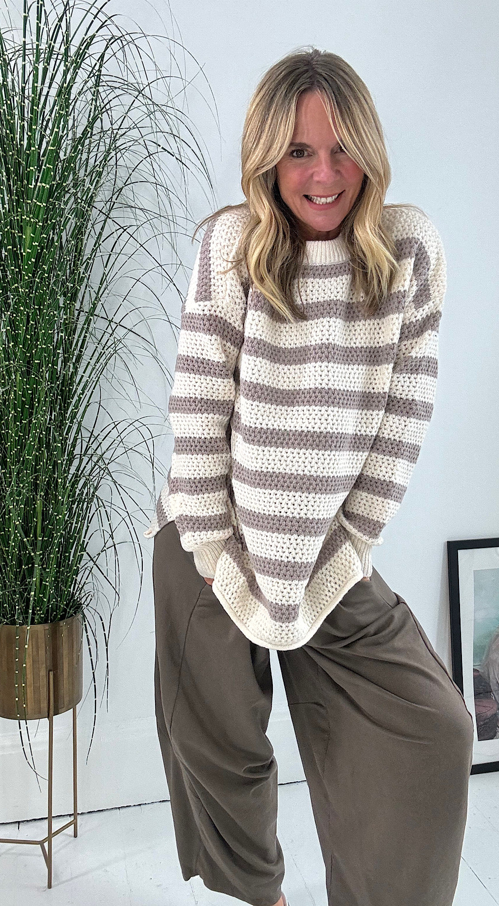 Waffle Striped Knit - mocha/cream