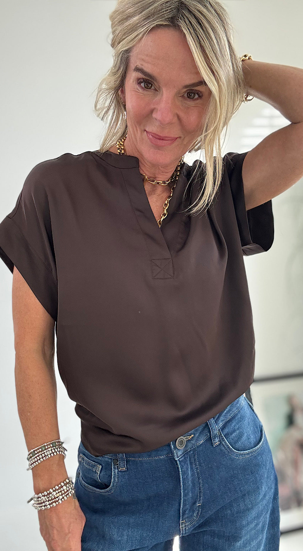 Selita Placket Neck Blouse - Chocolate