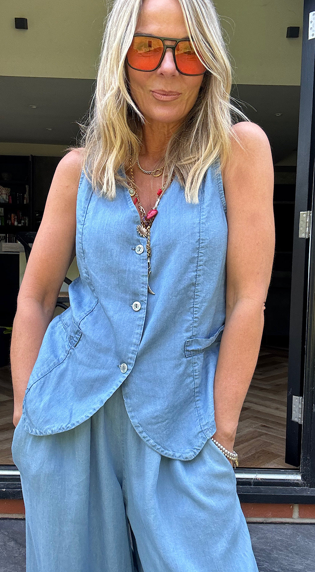 Denim Look Waistcoat Trousers Suit